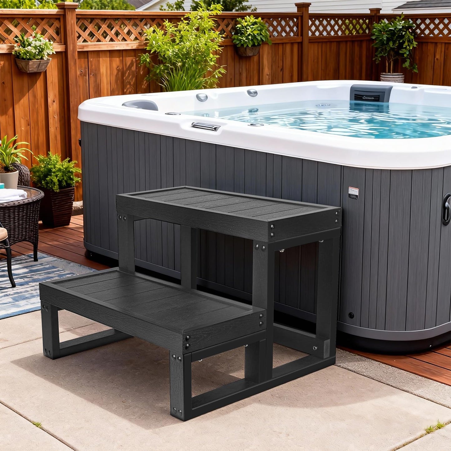Heavy-Duty Hot Tub Steps, All-Weather Wood-Plastic Composite 2-Step Outdoor Spa Steps, 600LBS Capacity, Anti-Slip Surface, Durable Bathtub Steps for Outdoor/Indoor Hot Tubs, Pools, and Spas (Black)