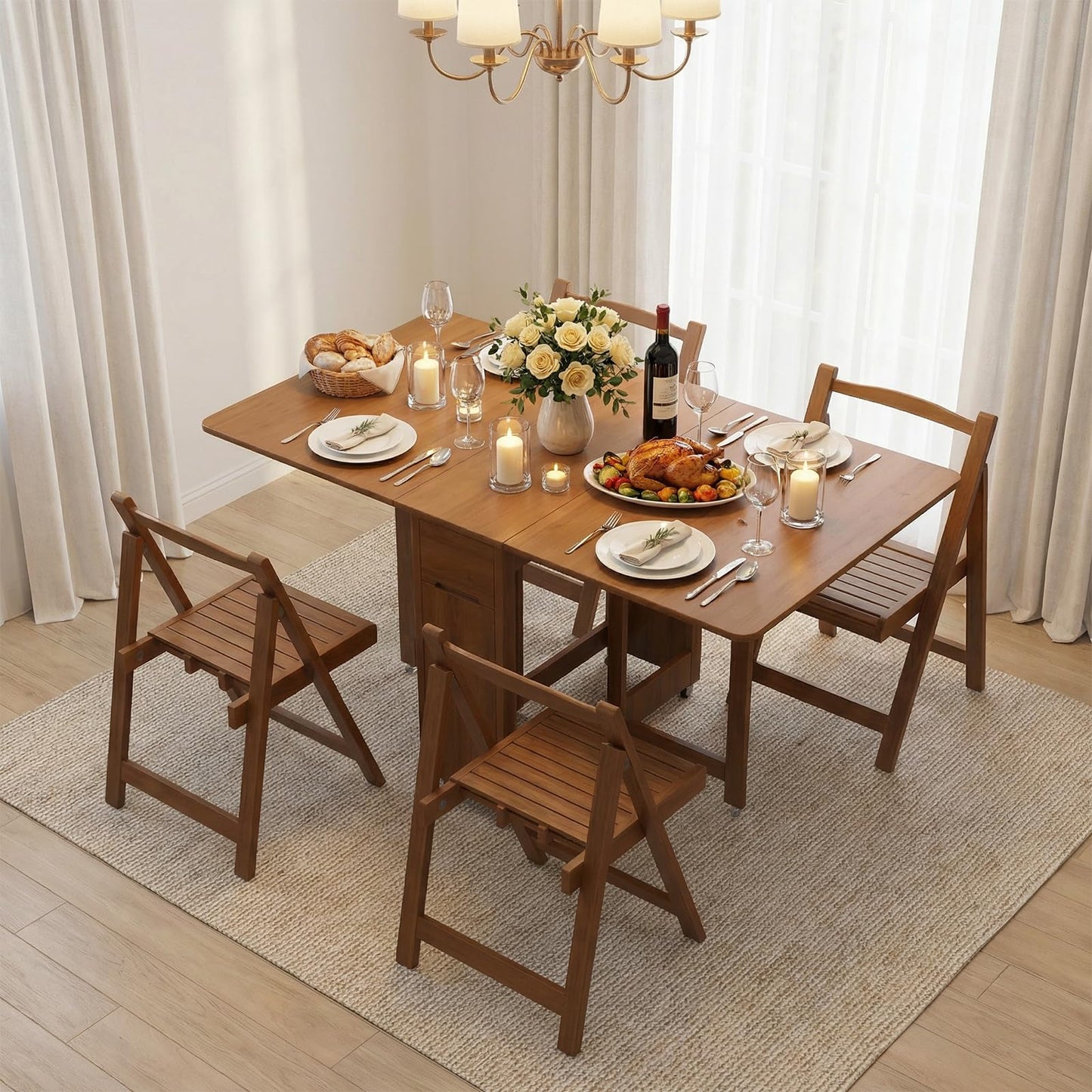Folding Dining Table Set with 4 Chairs, Drop Leaf Foldable Table on Wheels, Collapsible Dinette Table with Hidden Chair Storage, Space Saving Folding Dinner Table Set for Small Apartments