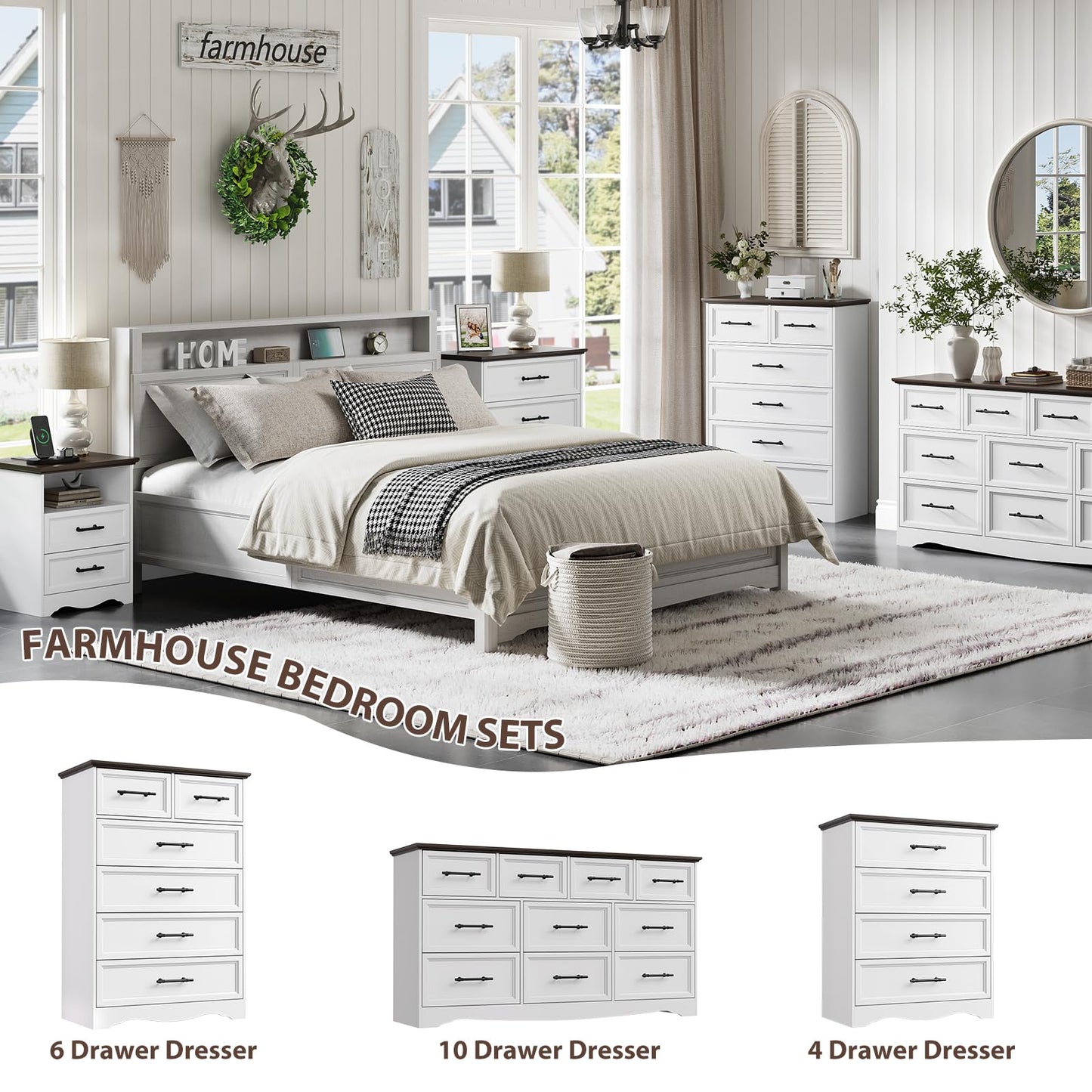 YANSNWO White Dresser for Bedroom, Farmhouse 6 Chest of Drawers, Modern 44" Tall Chest of Drawers with Brushed Metal Handle, Wood Closet Organizers and Storage Cabinet for Bedroom, Living Room