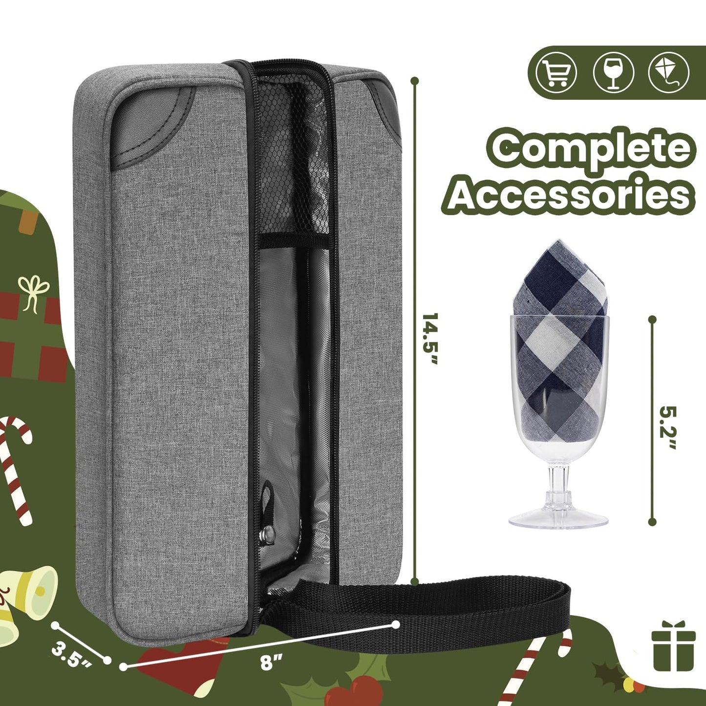 ALLCAMP Wine Bag - Insulated Cooler Bag with Wine Glasses, Bottle Opener & Wine Accessories for Wine Lovers - Portable Wine Gift Bag for Travel, Picnics, and Gift Ideas(Gray)