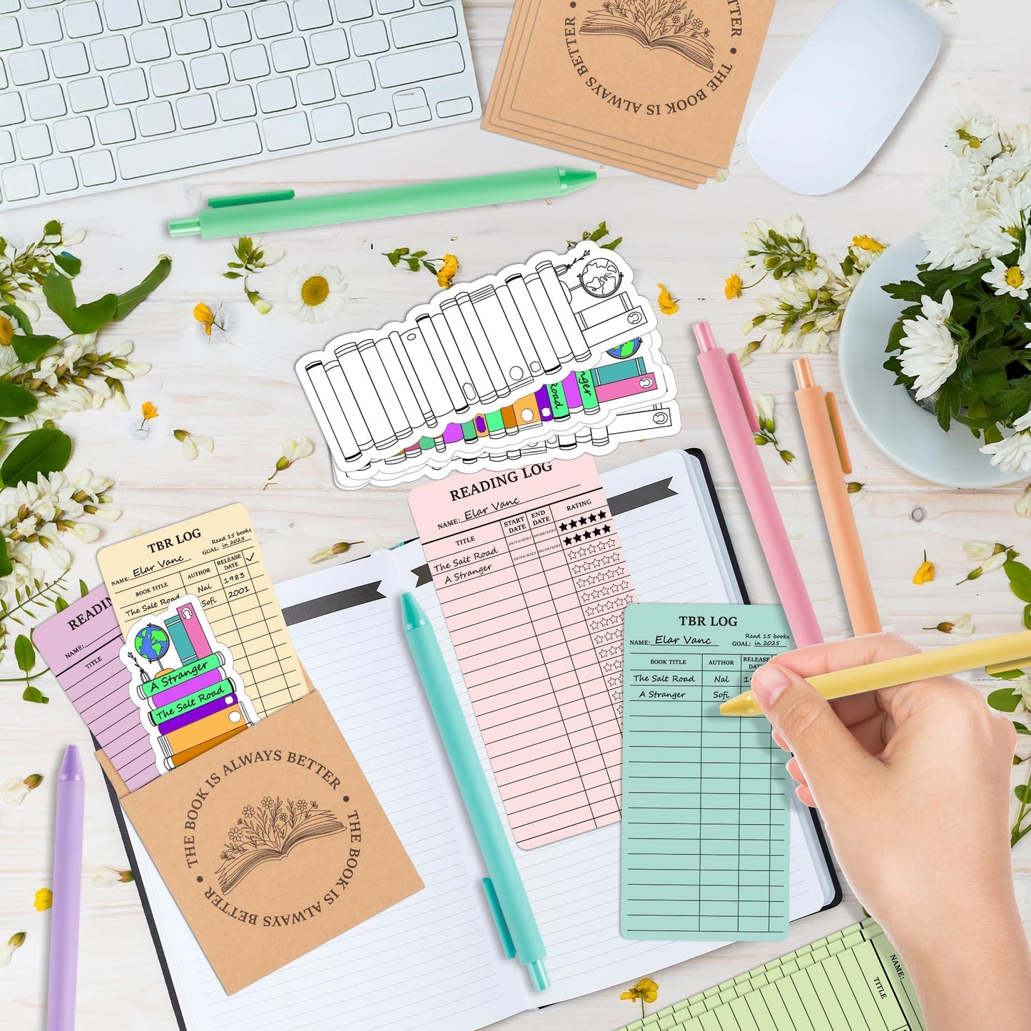L1rabe TBR Cards Bookmark Set - Back to School 48P Reading Log TBR Cards for Reader Bookish Bookworm Gift, 72P Color Your Own Bookmarks Reading Pocket Pens for Students Teacher Women to Review Tracker
