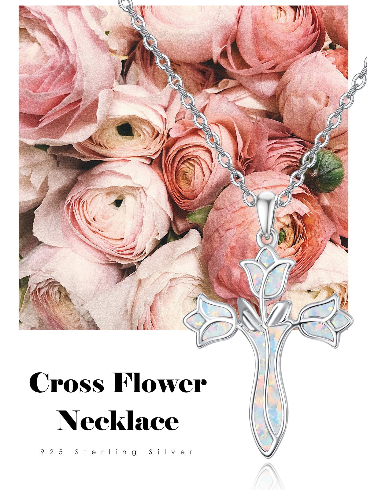 Dreamboat Opal Cross Necklace for Women Sterling Silver Cross Pendant Christian Necklace Tulip Rose Faith Confirmation Gifts Religious Jewelry for Mom