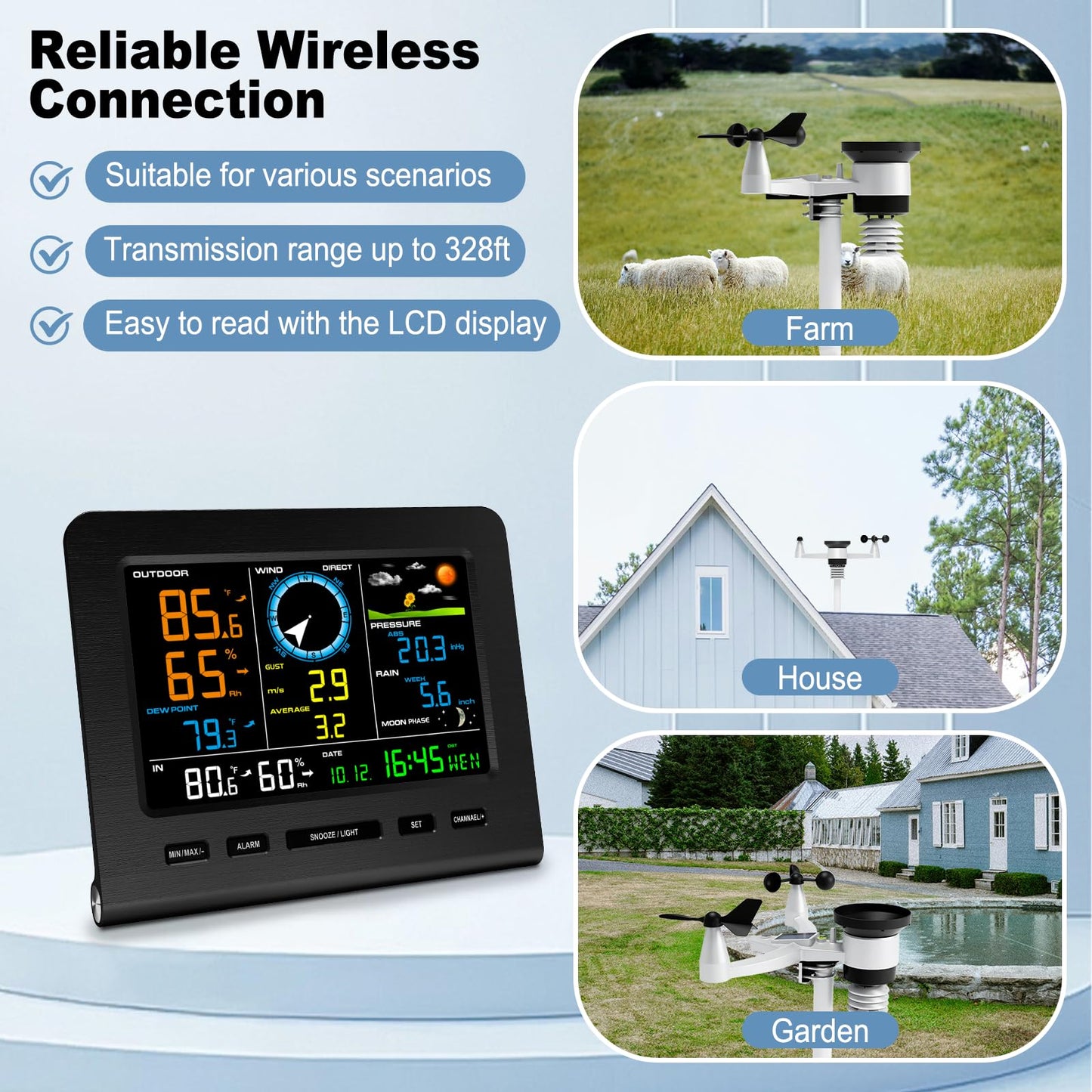 Urageuxy WiFi Weather Stations Wireless Indoor Outdoor, Home Weather Station with Rain Gauge, Wind Speed/Direction, Indoor/Outdoor Thermometer/Humidity, Moon Phrase, Alarm Clock, Barometric Pressure