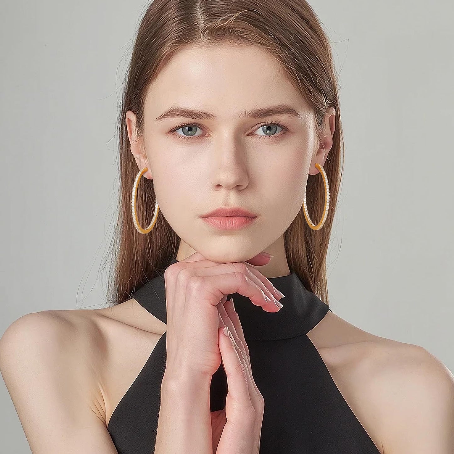 Gacimy Gold Hoop Earrings for Women, 50mm Cubic Zirconia Hoop Earrings, 14K Gold Plated Brass with 925 Sterling Silver Post