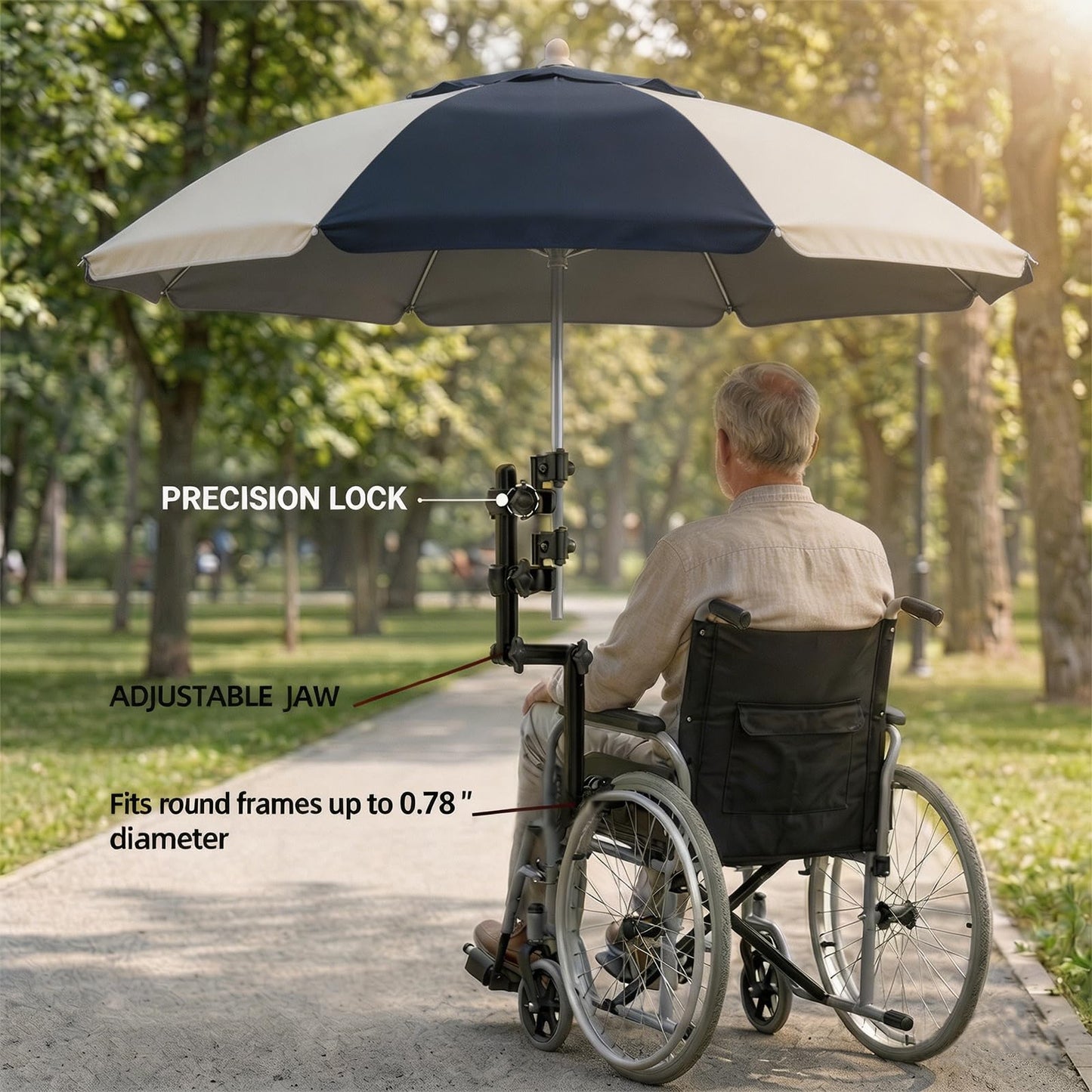 Universal Umbrella Clamp Holder, for Wheelchair, Beach Chair, Kayak, Camping, Deck Railing - Heavy Duty 360° Gear Lock Adjustable Non-Slip Mount for Fishing, Baseball, Gardening