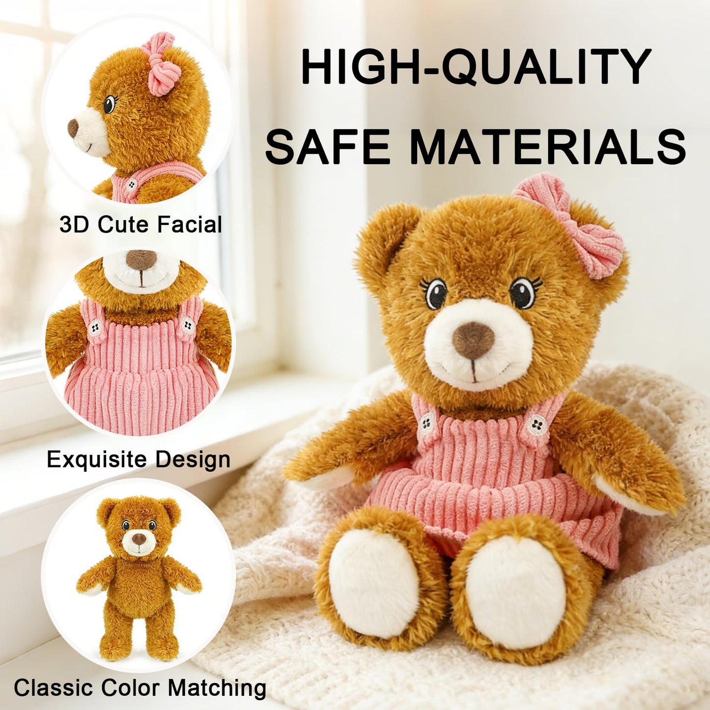 Cute Girl Stuffed Teddy Bear Plush Toy 11 Inch Soft Baby Teddy Stuffed Animal Little Bear Doll, Cuddly Bear Plush for Girls Boys, Kids, Babies, Adults & Baby Shower Birthday Easter Gift (Pink Dress)