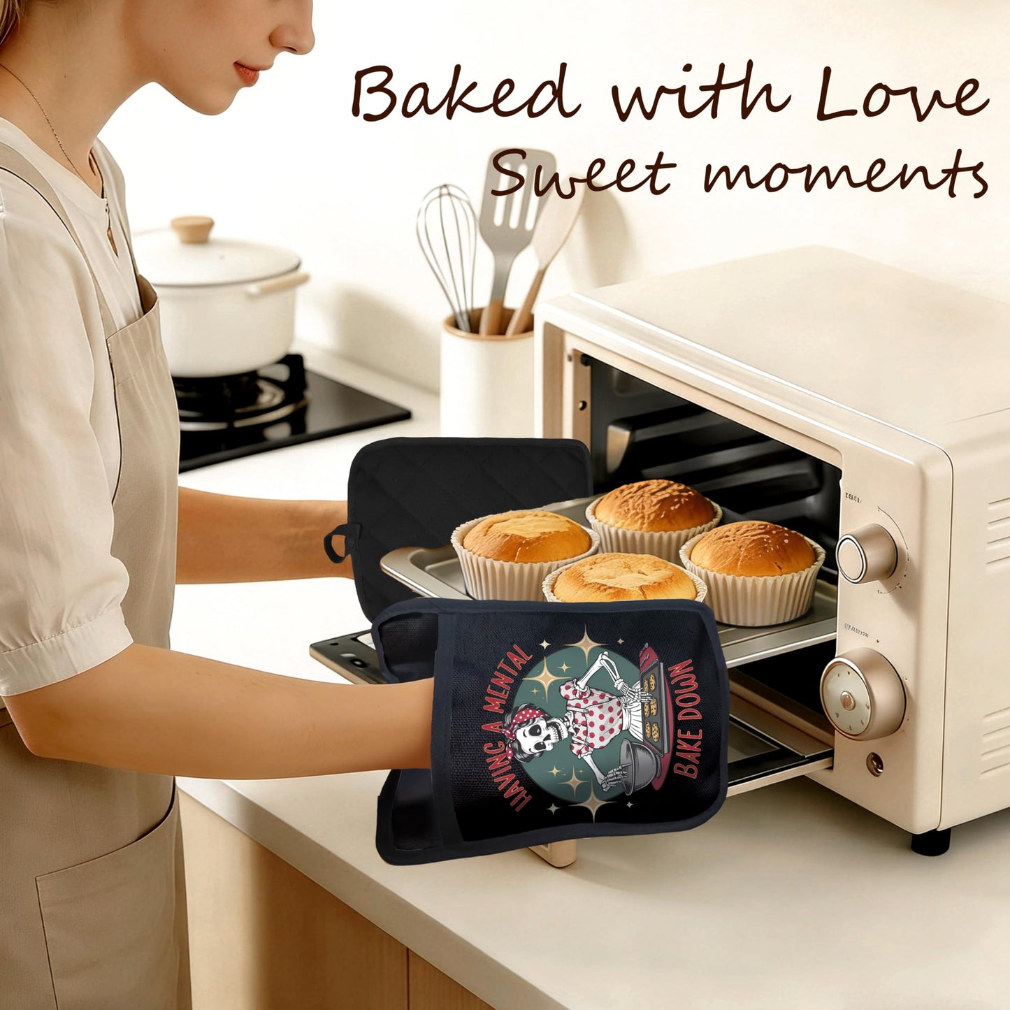 ADWHNHJY Sarcastic Gothic Skeleton Baker Pot Holders Heat Resistant, Baking Gifts for Women, Funny Humor Gothic Skull Oven Potholder Hot Pads for Kitchen Countertops Baking Cooking