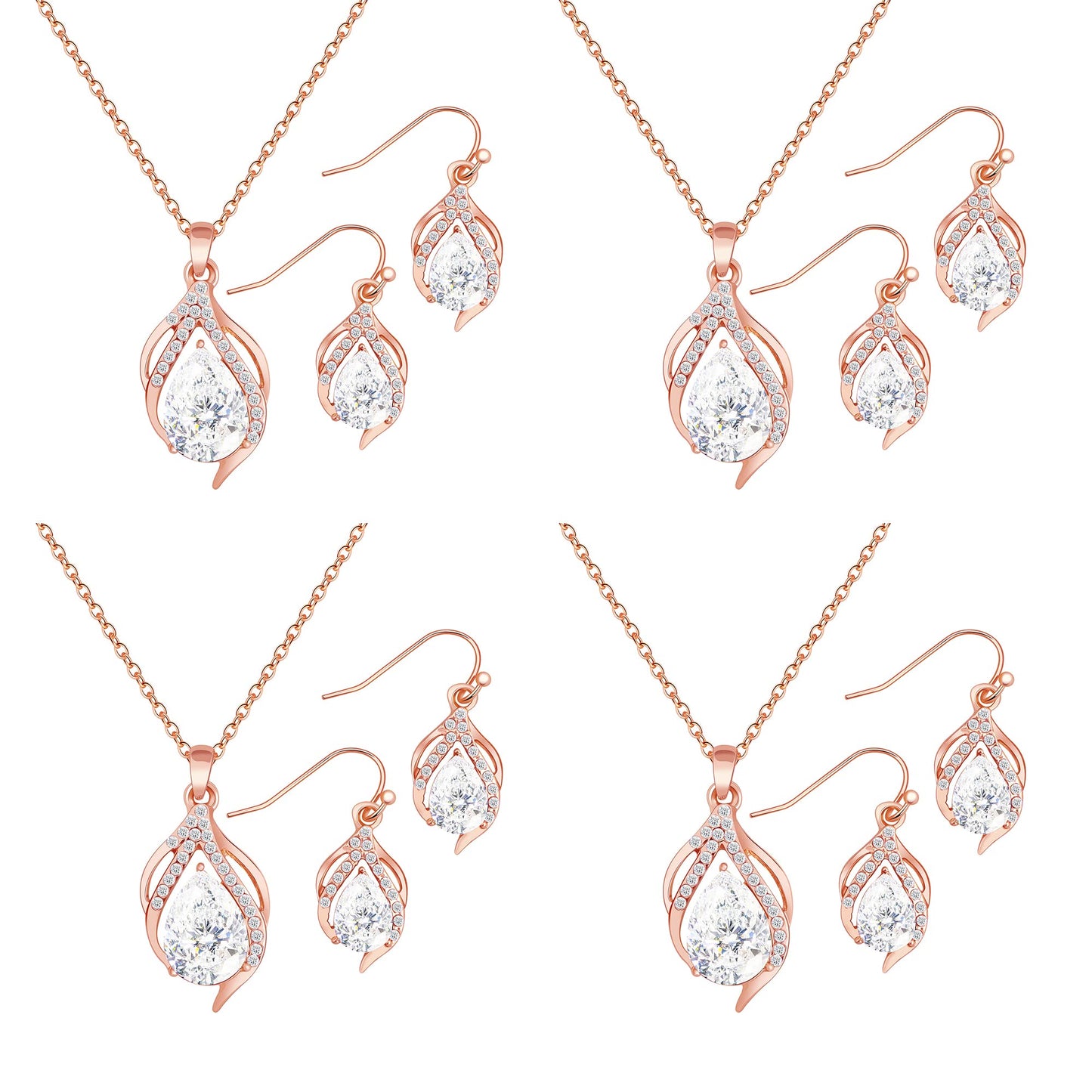 OTTFF Dainty Bridesmaid Jewelry Set for Women 4 Sets Rose Gold Plated Pave Rhinestone With Crystal Necklace Earrings Set for Wedding/Engagement/Anniversary