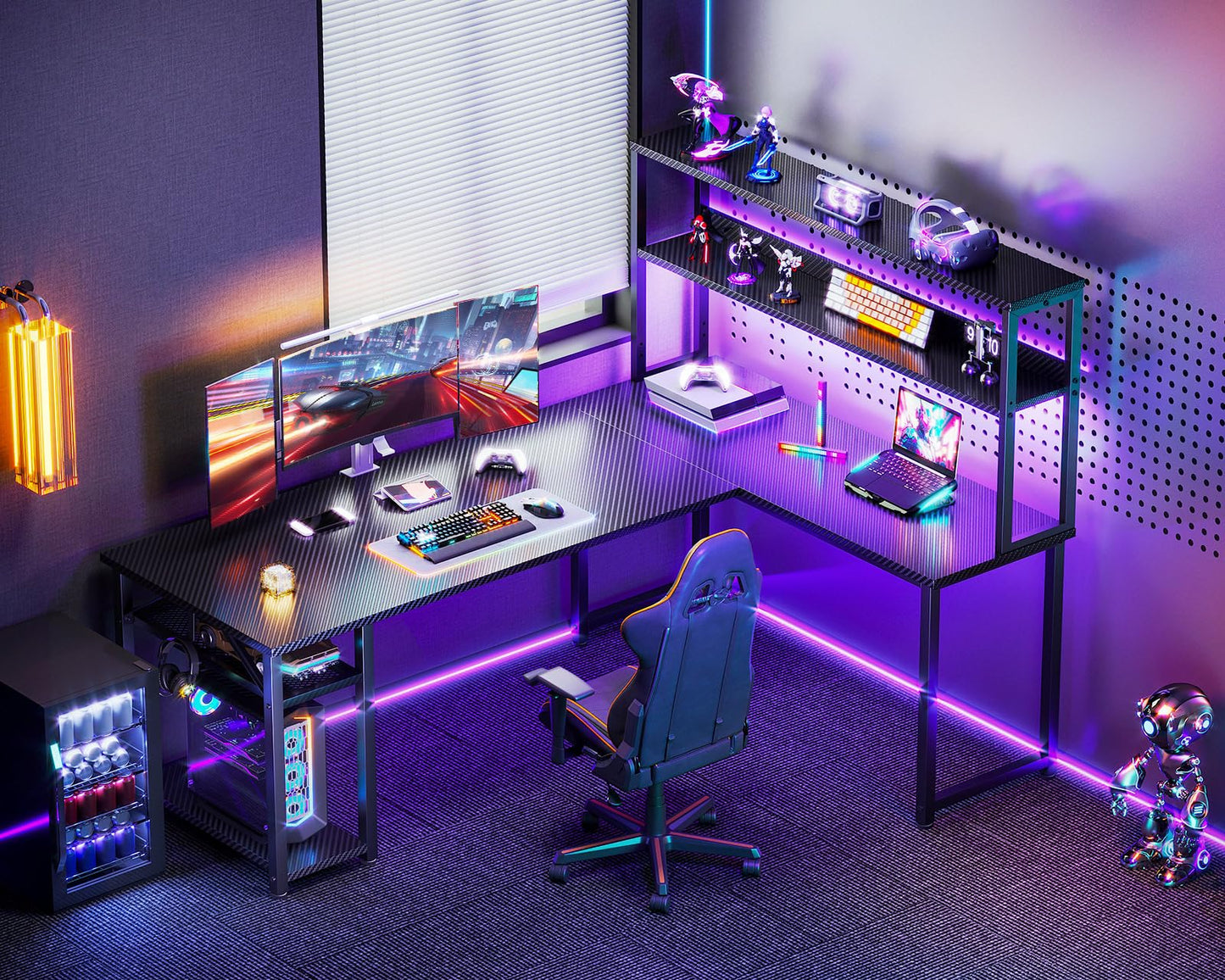 ODK 61" L Shaped Gaming Desk with Hutch & Headphone Hook, Corner Computer Table with Storage Shelves for Home Office, Black