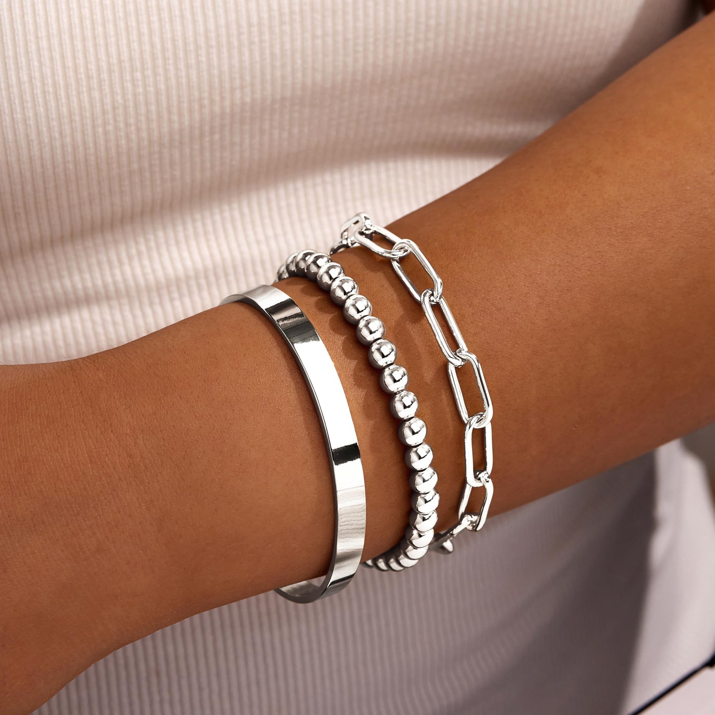 Gokeey Silver Bracelets for Women Non Tarnish Waterproof Silver Plated Bracelets Stack Dainty Chunky Bangle Cuff Love Knot Paperclip Bead Cuban Layered Chain for Jewelry Gifts