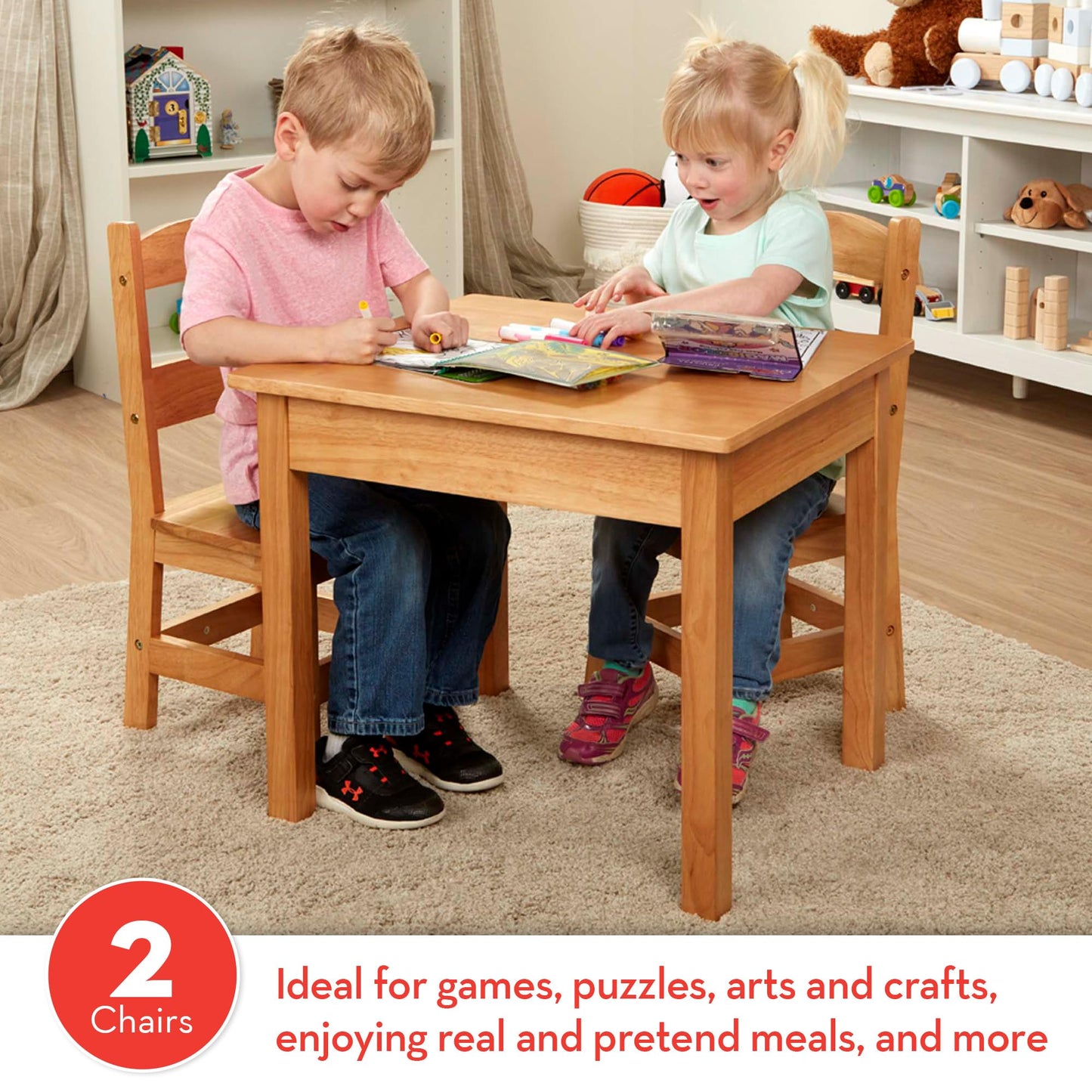 Melissa & Doug Solid Wood Kids Table and Chairs (2), Premium Quality Wooden Toddler Table and Chair Set for Kids Playroom Furniture & Montessori Classroom Furniture for Boys & Girls Ages 3+