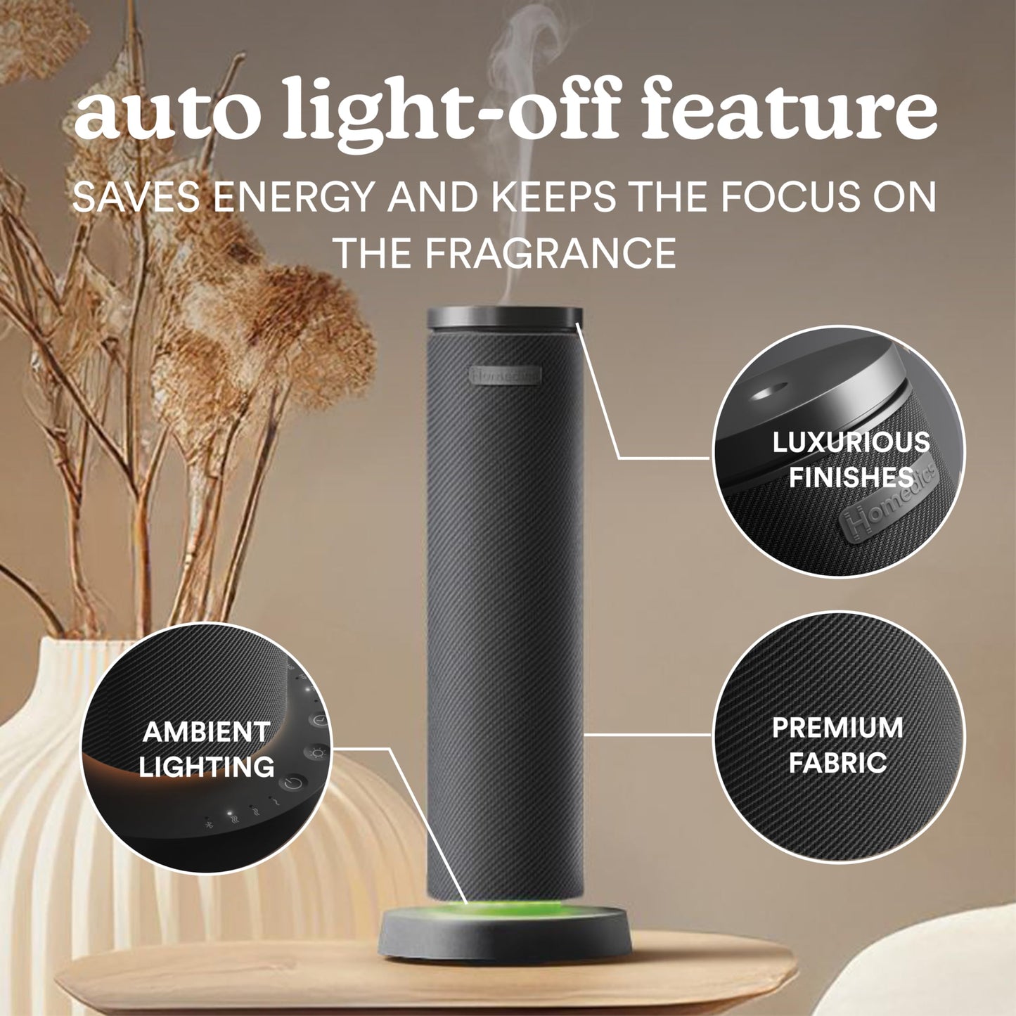Homedics SereneScent Fabric Rechargeable Waterless Diffuser, Use with Homedics SereneScent Oil 120ml (Sold Separately) Cordless Aromatherapy, Adjustable Mist & Timer, 6 Calming Lights, Black