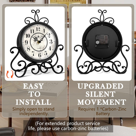 Koosome Vintage Table Clock on Stand - Desk Mantel Clock for Living Room Bedroom Decor, Silent Rustic Shelf Clock with Metal Frame Fireplace Clock Battery Operated for Office Desktop Home Decor