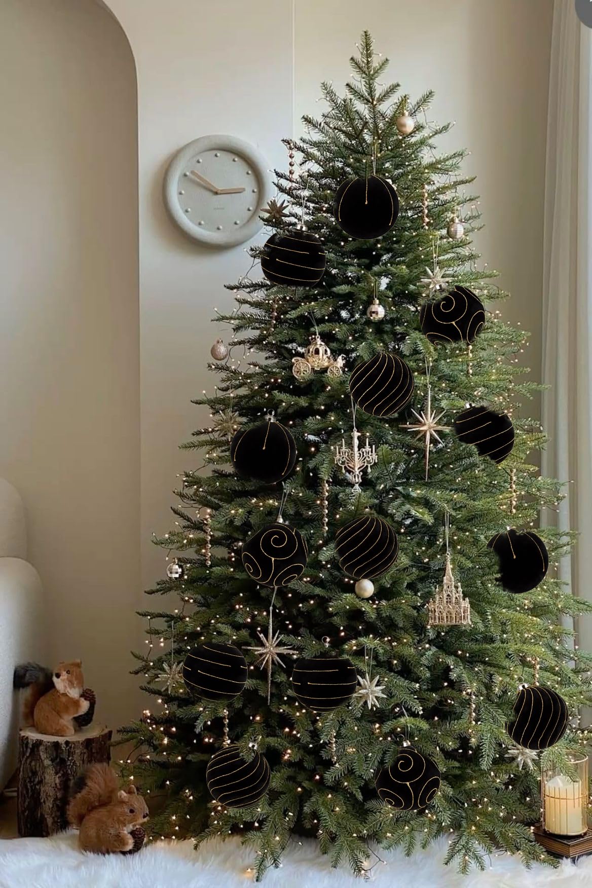 Velvet Christmas Ornaments Large Christmas Balls Ornament 4.7" Black Velvet Ornaments for Christmas Tree Balls Xmas Wedding Holiday Halloween Party Big Flocked Decorative Hanging Ornament 4 Pcs