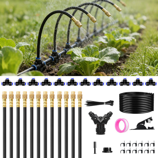 50FT Drip Irrigation System, 2026 Upgrade Garden Watering Kit with 12pcs 360° Adjustable Copper Nozzles, Automatic Atomizing Sprinkler System for Raised Beds, Lawn, Greenhouse, Outdoor Plants (50 ft)