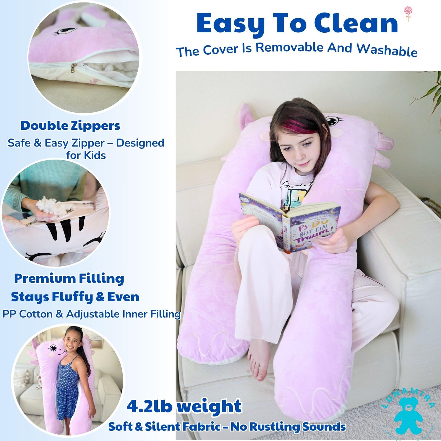 LUNAMIRA Axolotl Kids Body Pillow - 47" U-Shape Long Plush Soft Animal Pillow for Kids, Sleeping, Reading, ADHD & Special Needs Comfort, Anxiety, Washable Cover, Snuggle Fun Cuddle for Boys & Girls