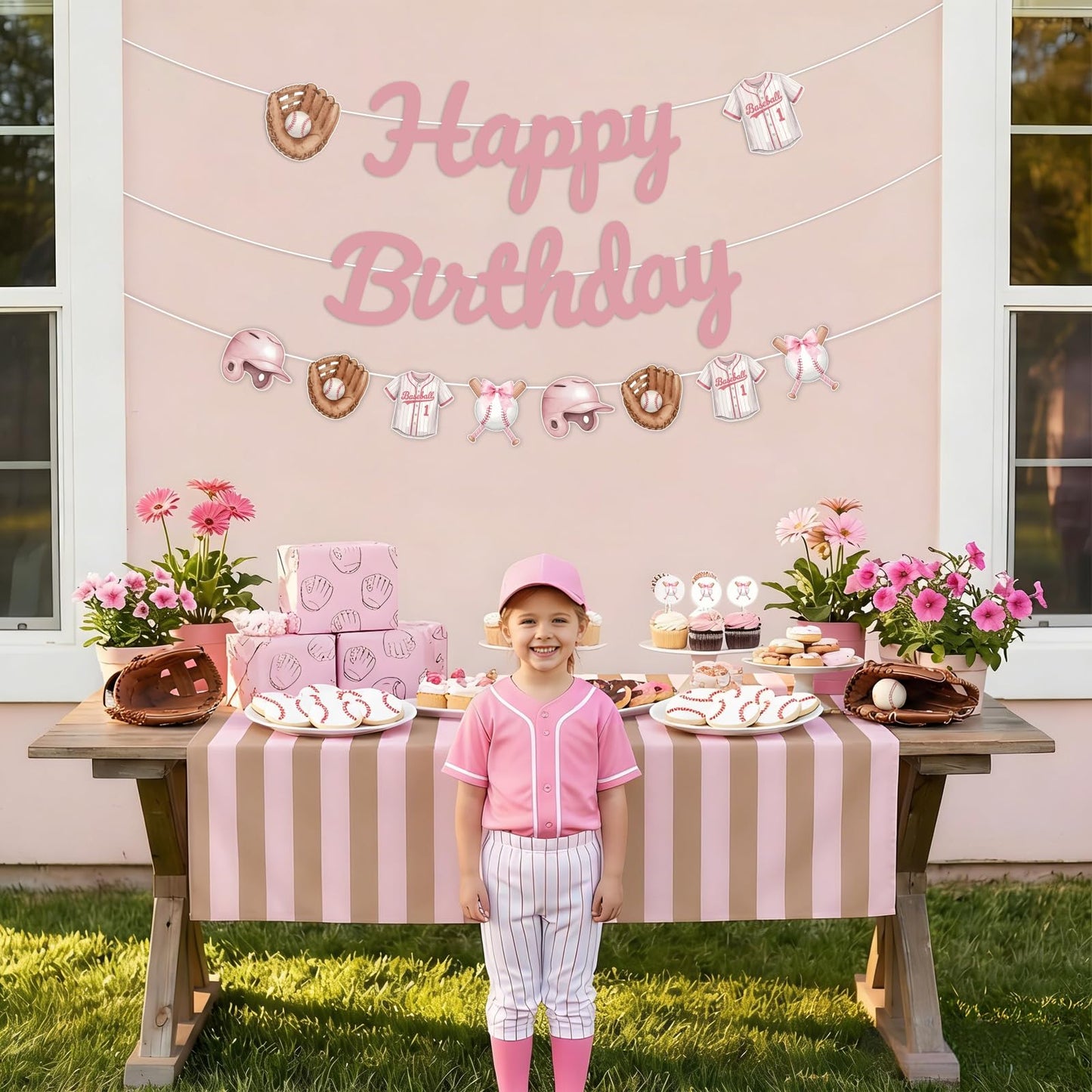 SHADOAMP Baseball Birthday Party Decorations Girl, Pink “Happy Birthday” Banner and Hanging Cutouts - Softball Themed Garland Kit with Gloves, Jerseys, Helmets - DIY Paper Set for Sporty Girl