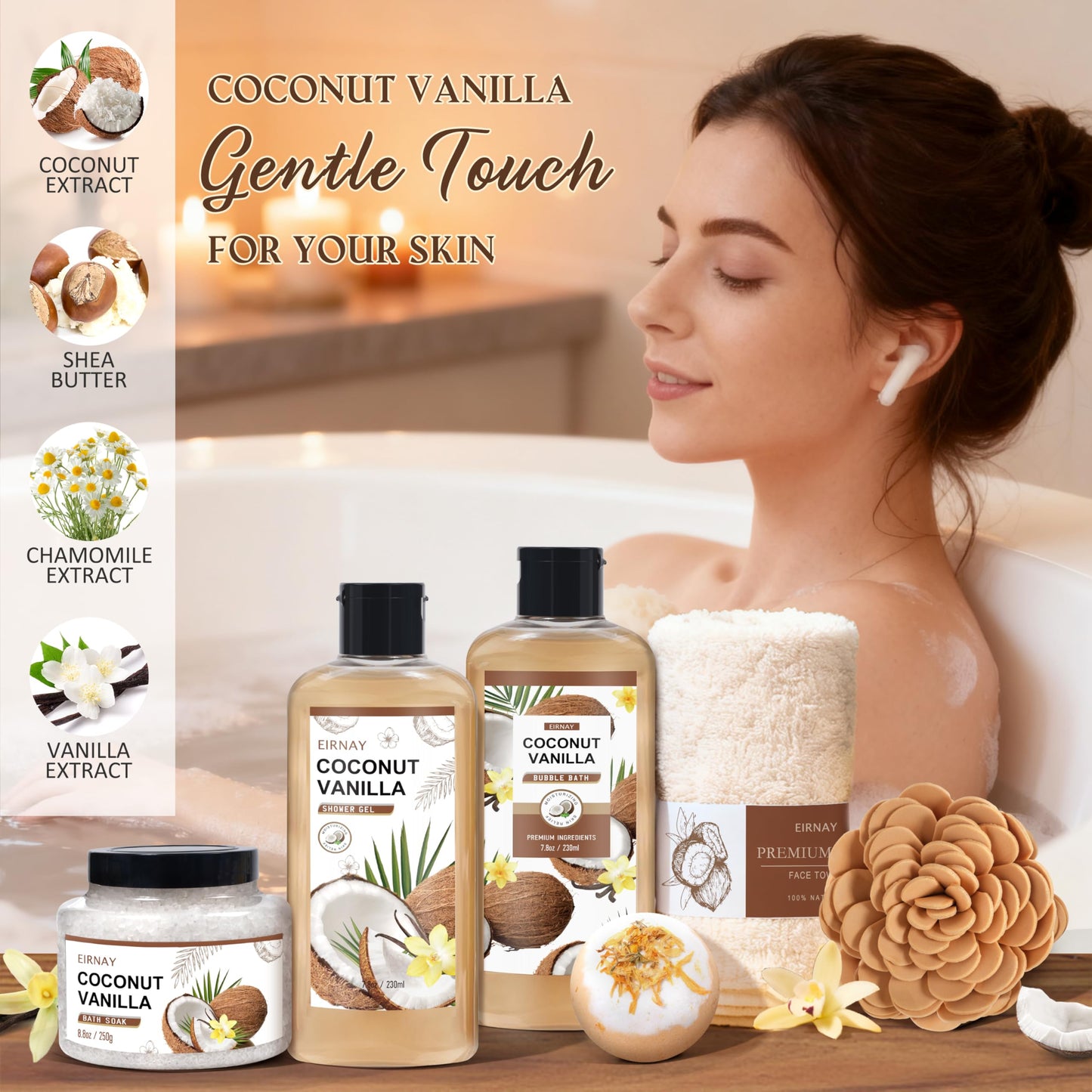 EIRNAY Christmas Gifts For Women - 16 PCS Birthday Gift Basket for Women Set of Coconut Vanilla Self Pampering Set, Includes Luxurious Home Spa Shower Gel Bubble Bath
