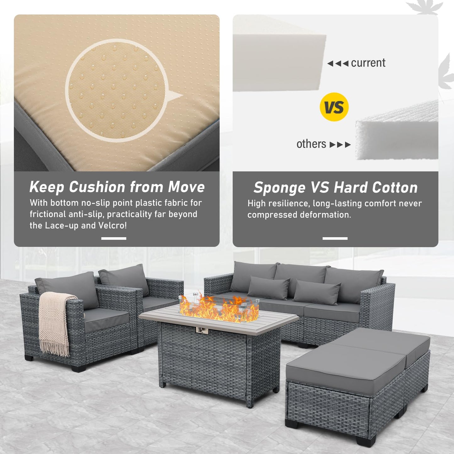 Lviden 6 Pieces Wicker Patio Furniture Sets Outdoor Conversation Set HDPE Rattan Sectional Sofa Couch with 45" Fire Pit Table and Grey Cushions
