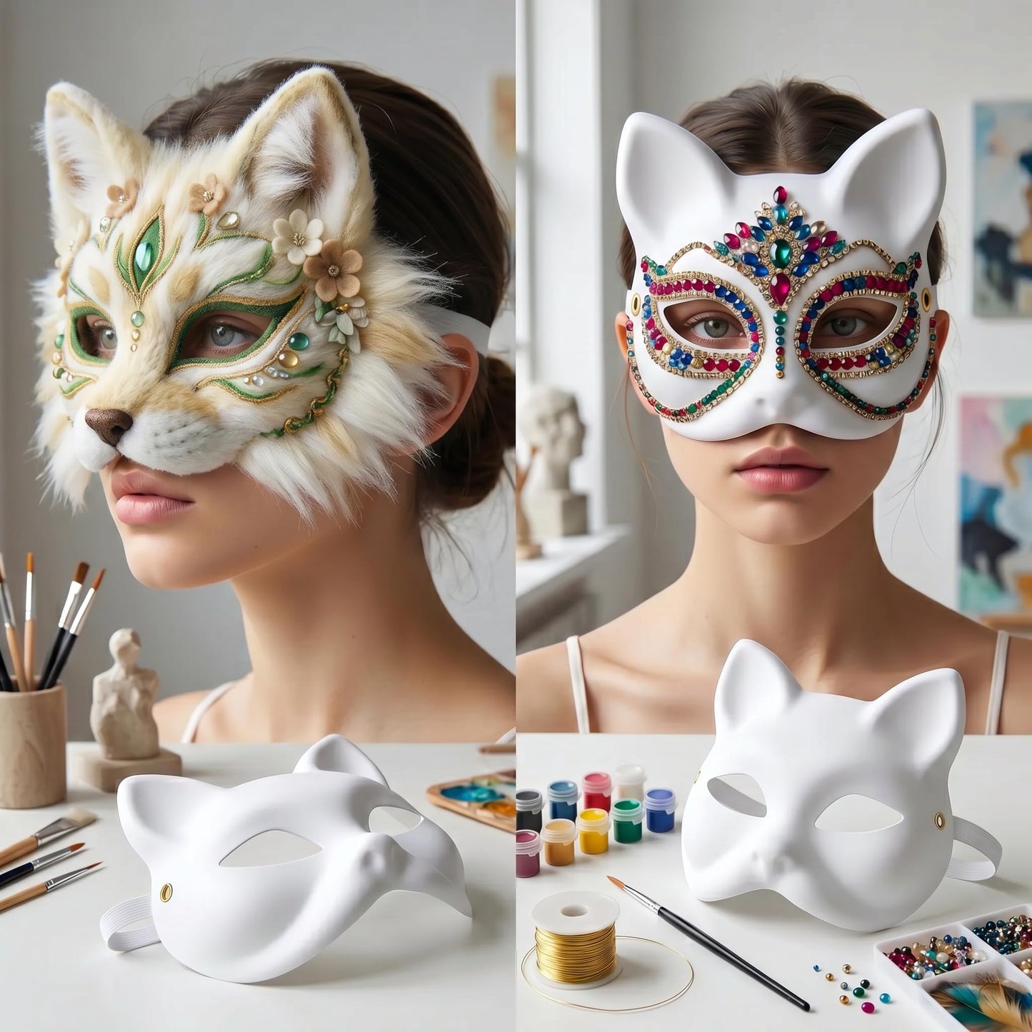 Vectronix 10 Pcs Cat Mask White Therian Mask Base for Crafts Diy Painting, Paper Cat Masks with Elastic Band for Kids Adults Halloween Costume Cosplay Masquerade Party Favors