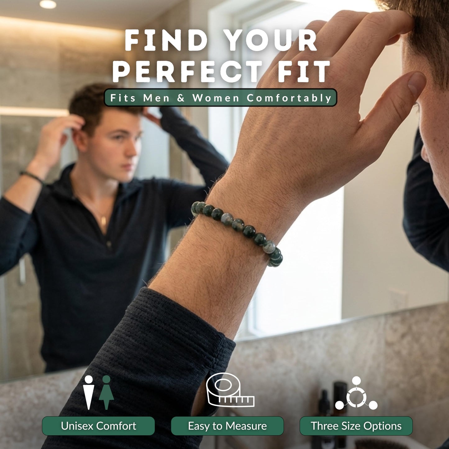 Cherry Tree Collection Moss Agate Beaded Bracelet – Genuine 8mm Gemstone Stretch Bracelet for Men & Women – Handmade Crystal Bracelet - (Moss Agate - M)
