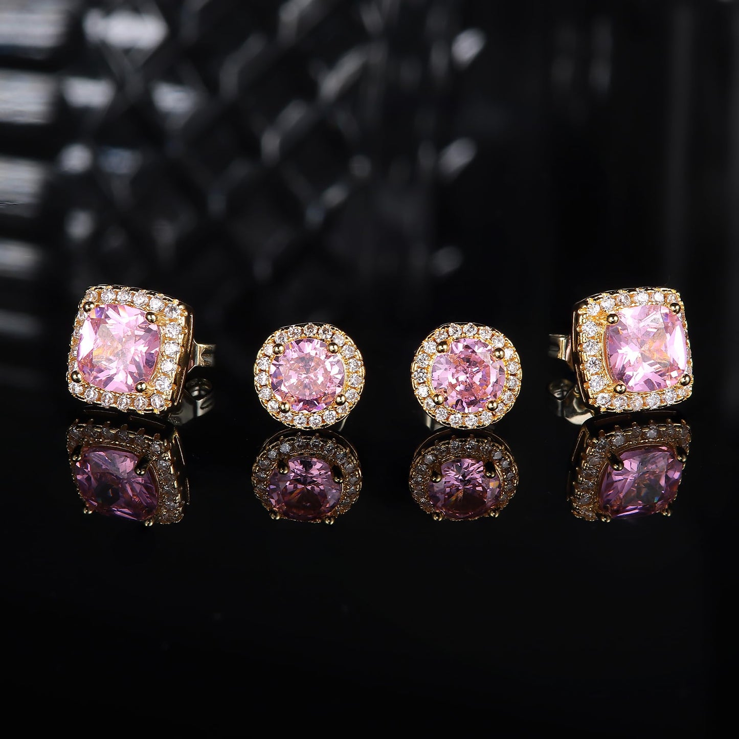 Hayoso Cubic Zirconia Stud Earrings for Women Men Sterling Silver Earring Post Hypoallergenic 14k Gold Plated Round&Square Earrings Gold&Pink