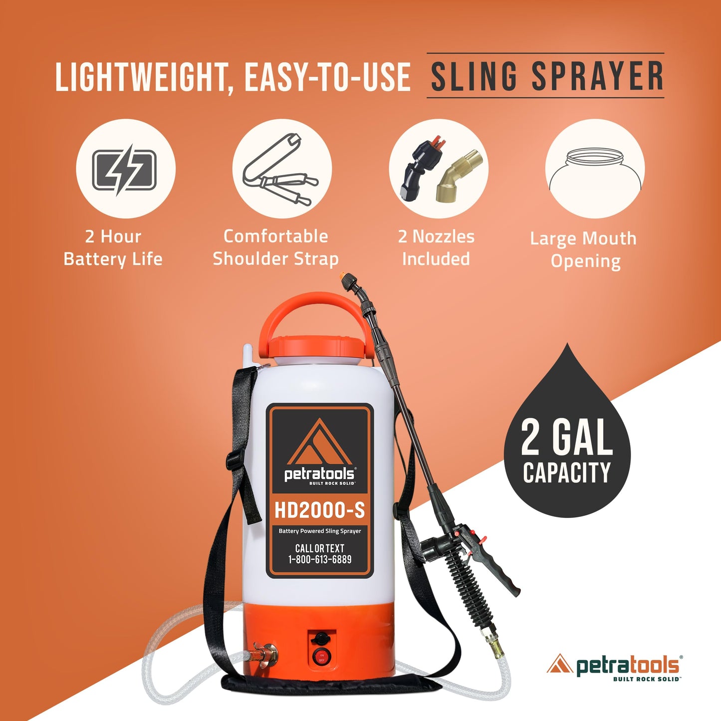 PetraTools Battery Powered Sprayer 2 Gallon - HD2000-S - Heavy Duty Electric Sprayer for Lawn and Garden Weed/Pest Control, Watering - with Battery, Charger & 2 Nozzles (2 Gallon)
