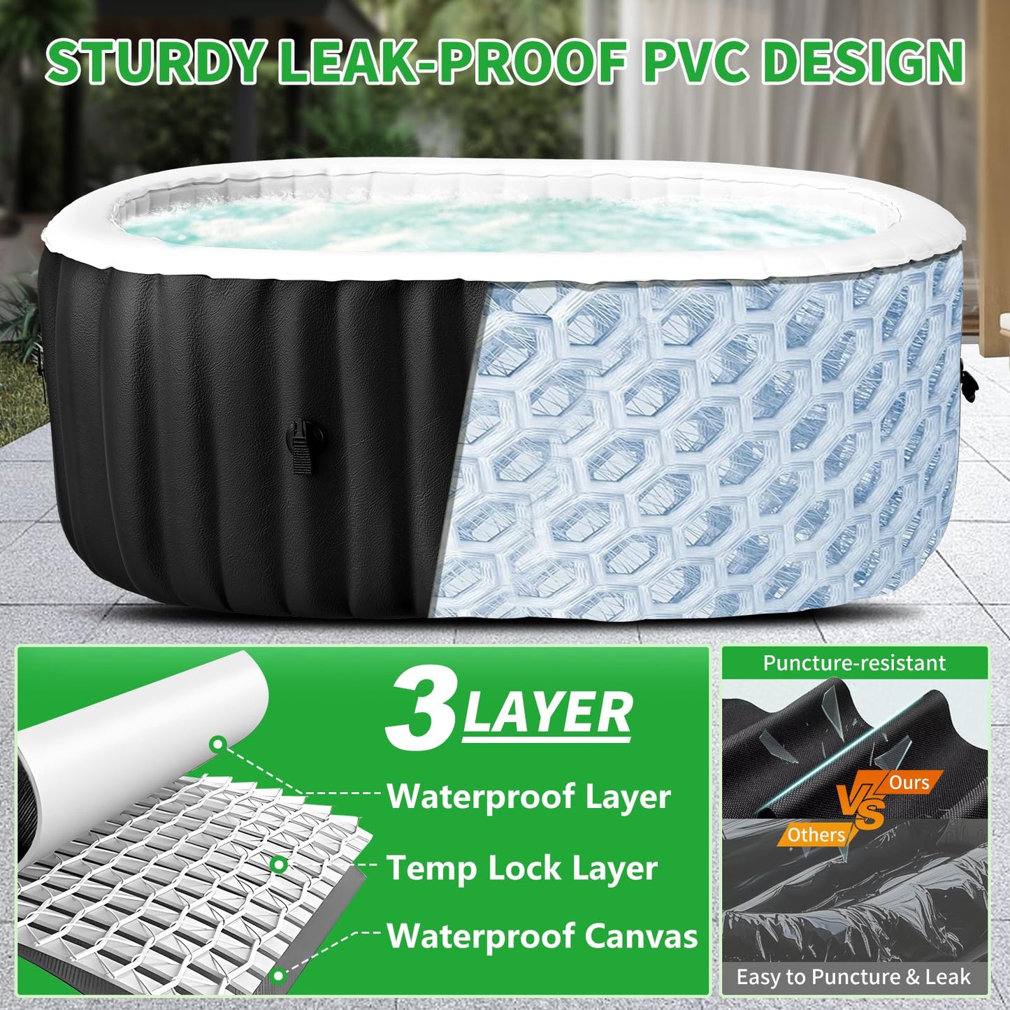 Inflatable Blow Up Hot Tub with LED Lights, 2 Person Oval Portable Hot Tub, Leak-Proof PVC Outdoor Spa with 100 Air Jets, Pump and Insulated Cover, Side Table, 75” X 47”X 25”