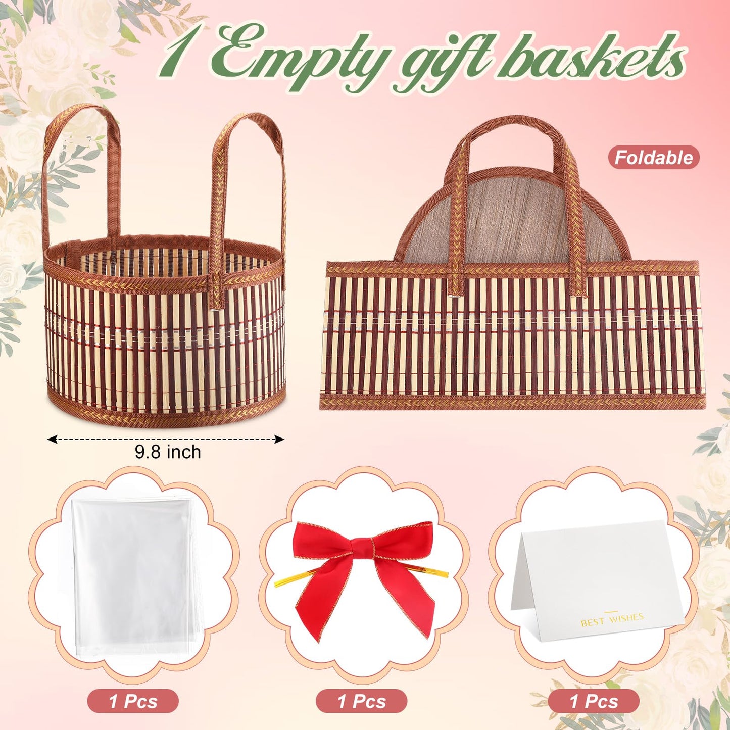 Weysat 1 Set Baskets for Gifts Empty Graduation DIY Bulk Large Woven Bamboo Gift Basket Kit with Handle Bow Wrap Bag to Fill for Father's Day Wedding Birthdays Party Wrapping (Brown)