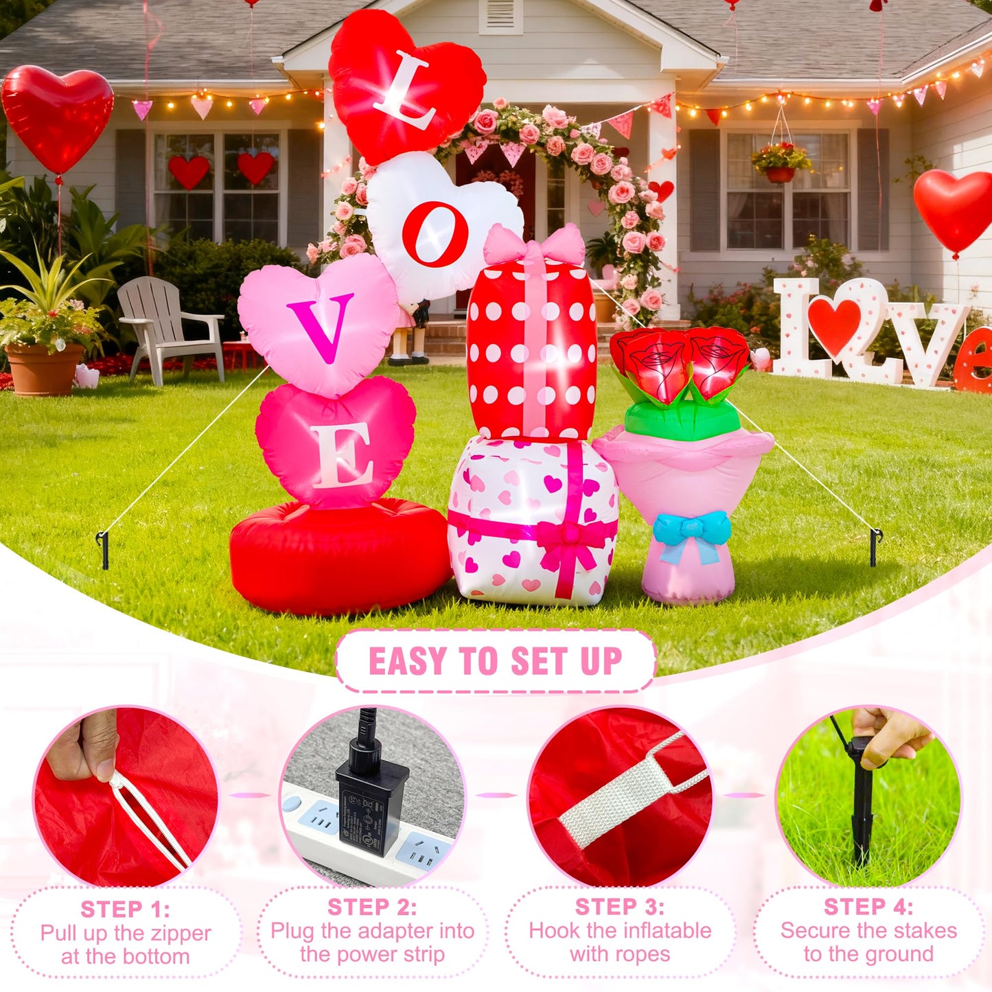 Valentine Inflatables Outdoor Decorations 6 FT Valentine's Day Inflatable Love Gift Box Bouquet Blow Up Decor with LED Lights for Yard,Lawn,Garden Romantic Gifts