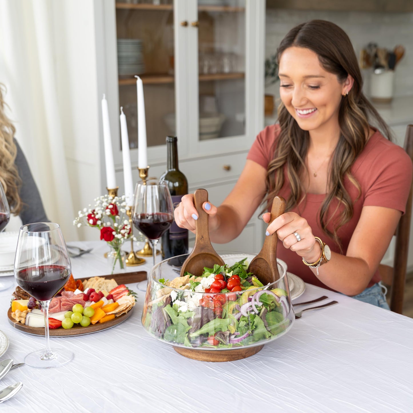 Oria Cook Large Glass Salad Bowl with Lid Set, 5.7 L Decorative Glass Mixing Bowl, Trifle and Serving Bowls with Lids as Cheese Charcuterie Board and Plate, Comes with Wood Serving Utensils
