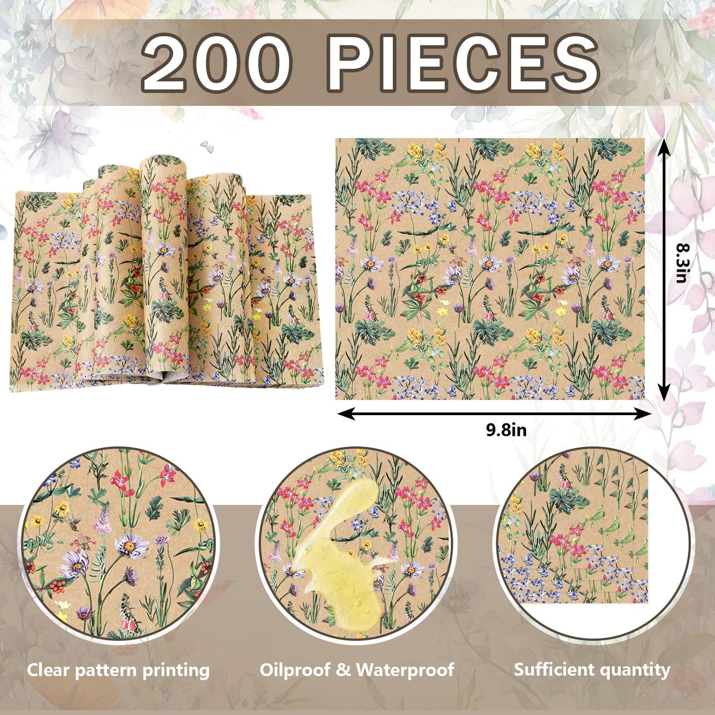JarThenaAMCS 200 Pcs Wildflower Wax Paper Brown Spring Floral Waterproof Oil-Proof Deli Food Wrap Sheets for Sandwich Picnic Basket Liners Wrappers Home Kitchen Party Supplies 9.8 x 8.3 Inch