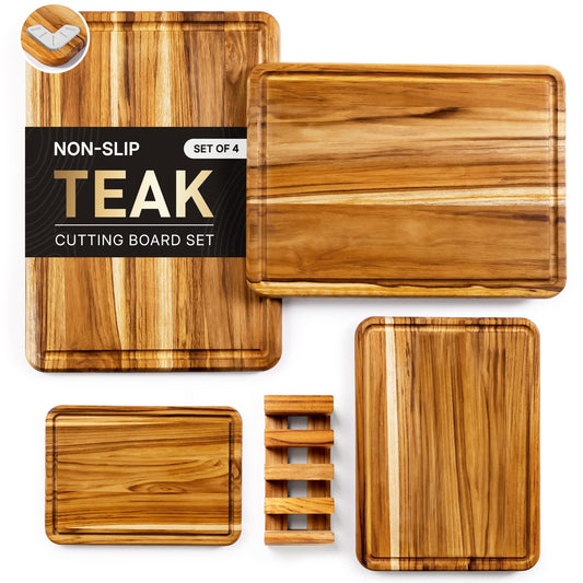 4 Pack Teak Cutting Board Set for Kitchen Heavy Duty Non Toxic Non Slip Solid Thick Wood Haus Chopping Board Extra Large Big Small Meat Best Wooden Charcuterie Board