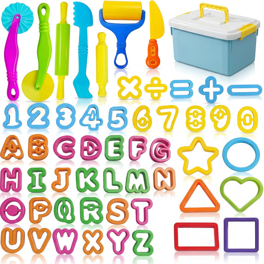 55 Pcs Alphabet & Number Dough Tool Set – Clay Play Kit for Kids with Rolling Pins, Geometric Cutters & Letter Molds, Modeling Accessories for Creative Learning