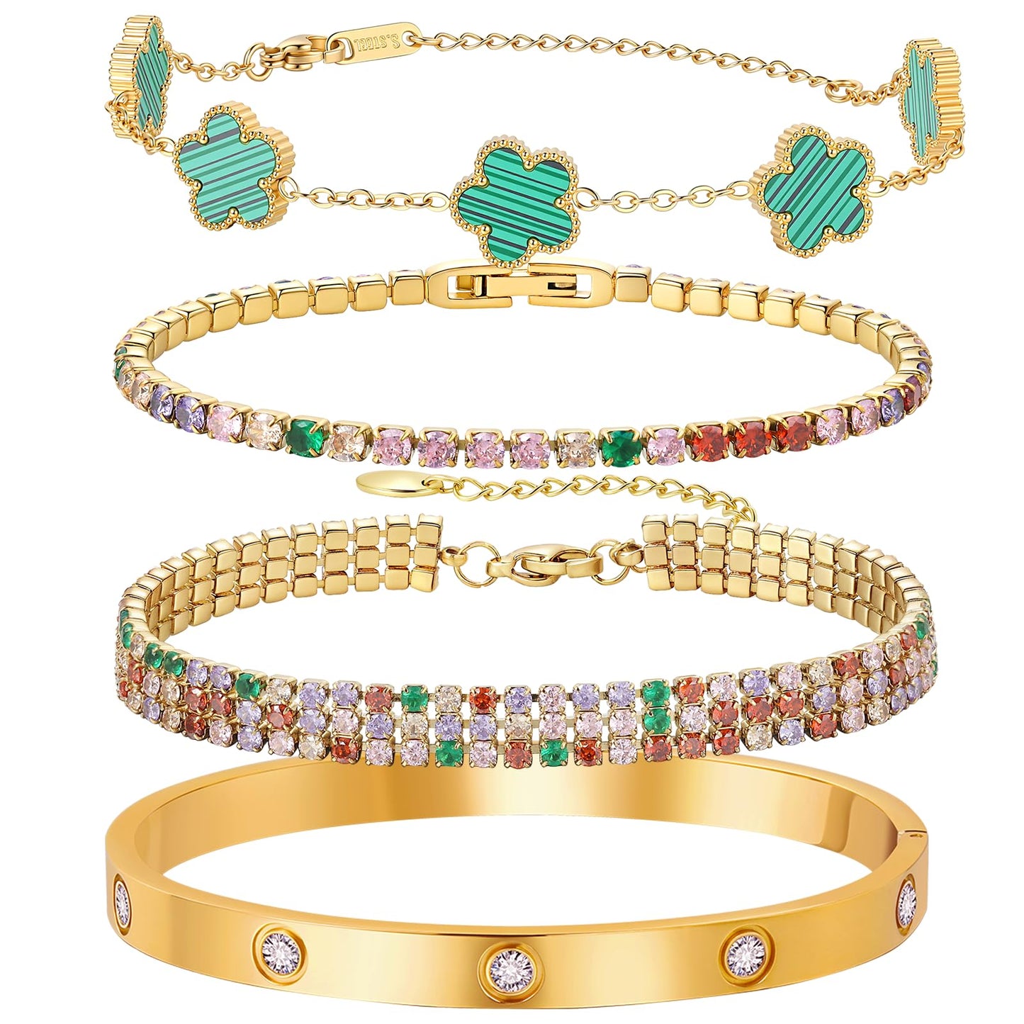 MVCOLEDY 18 K Gold Plated Love Bracelet Stack for Women 4-Piece Bracelet Shell Floral Clover Chain, Tennis Chain and Crystal Gold Bangle, Love Bracelet Design Gift Jewelry for Valentines Day