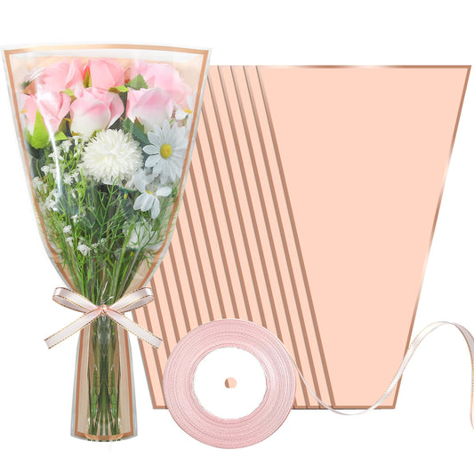50PCS Flower Wrapping Bags for Bouquets 17 x 11in Pink Floral Bouquet Packing Sleeves with Ribbon Plastic Flower Bouquet Sleeves for Mother's Day Valentine Wedding Birthday Graduation Florist Supplies