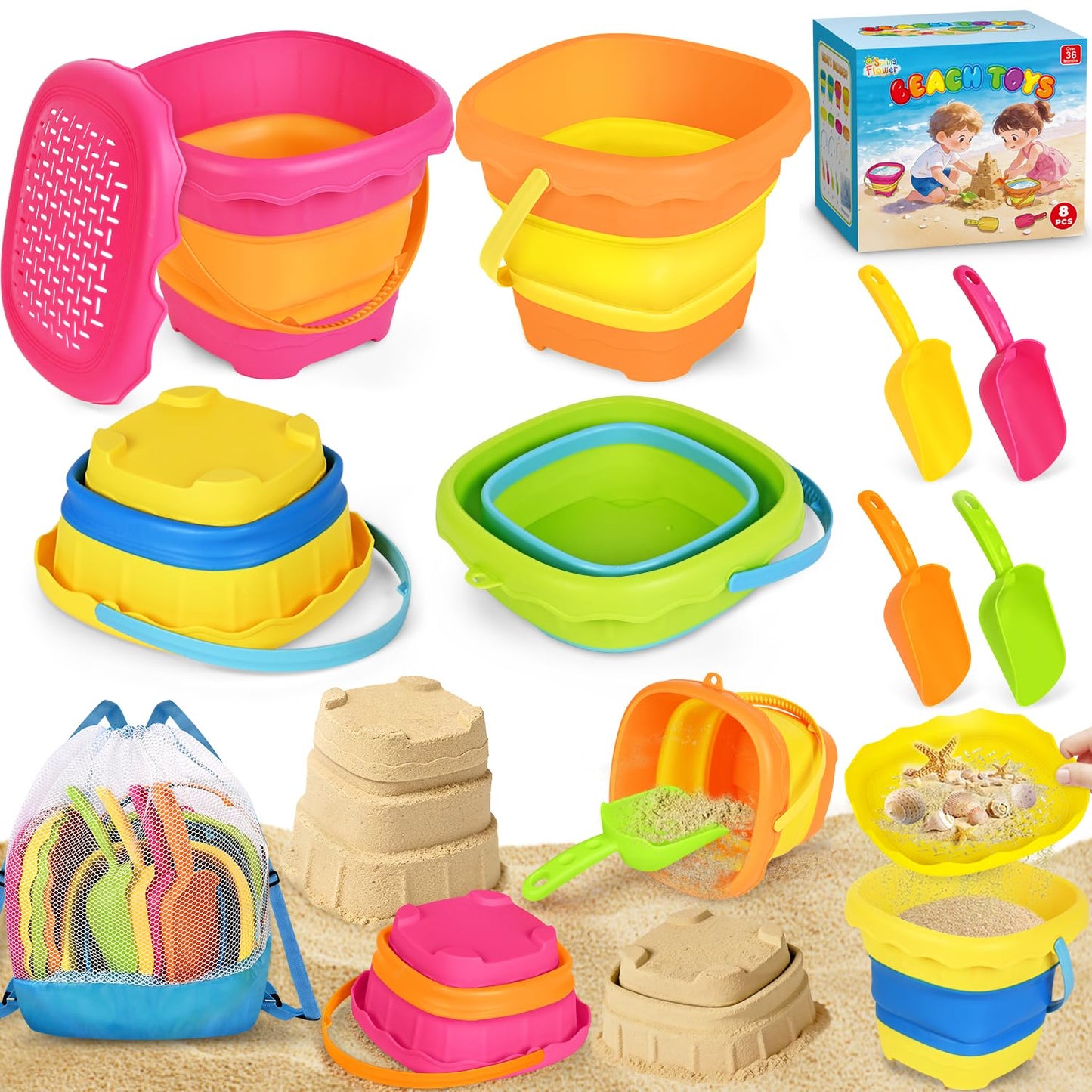 SpringFlower Beach Toys for Kids,Sand Toys for Toddlers with Collapsible Beach Buckets & Shovels Set,Travel Sandbox Toys for Toddlers Gifts Boys Girls Summer Outdoor Toys