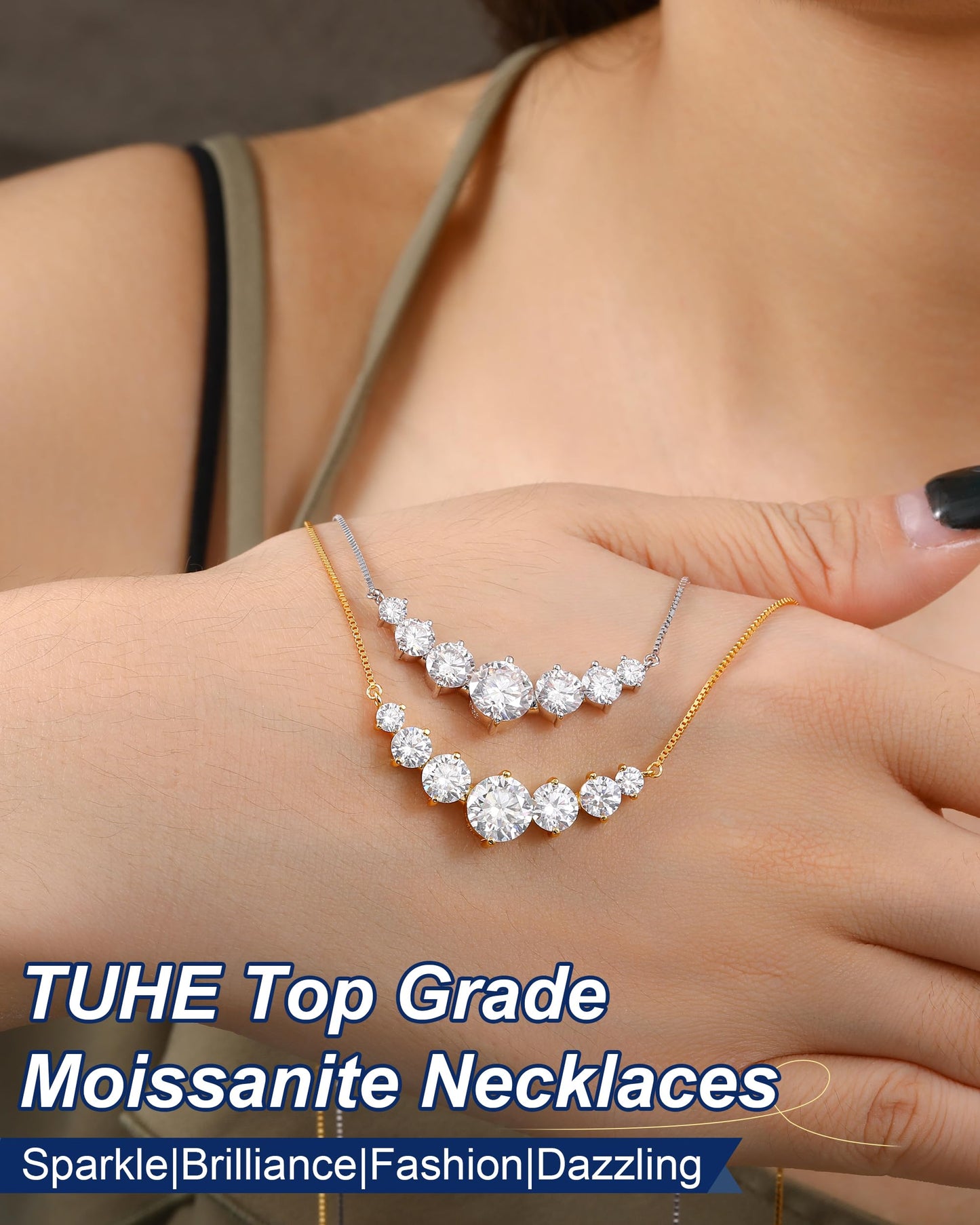 Moissanite Necklace for Women, 5.0 Carat 7 Stones Simulated Diamond Necklace 18k Yellow Gold Plated Sterling Silver Smile Pendant Necklace 16.5+2.5 inch Box Chain with Certificate of Authenticity