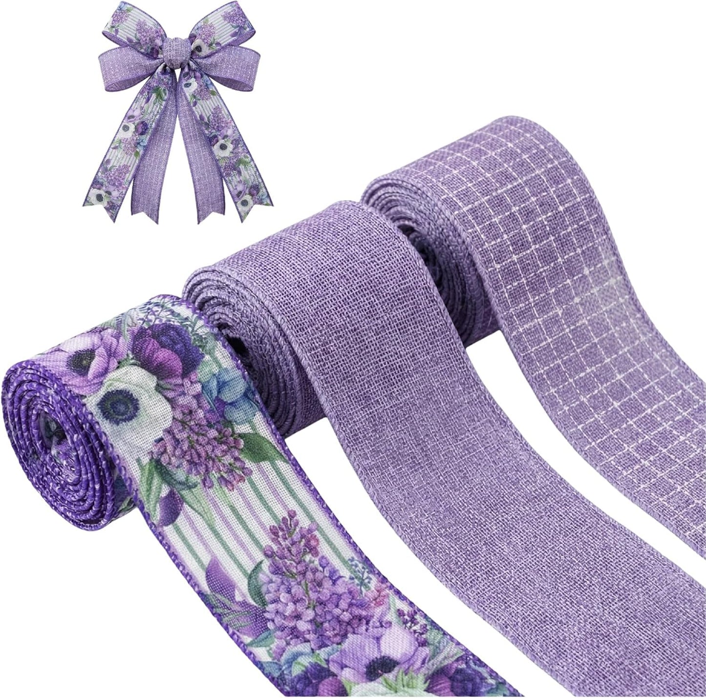 Spring Summer Purple Floral Wired Ribbon, 2.5 InchX 15 Yards Burlap Ribbon for Wreath, Bows, Gift Wrapping, Mother's Day, Wedding & DIY Craft (Purple)