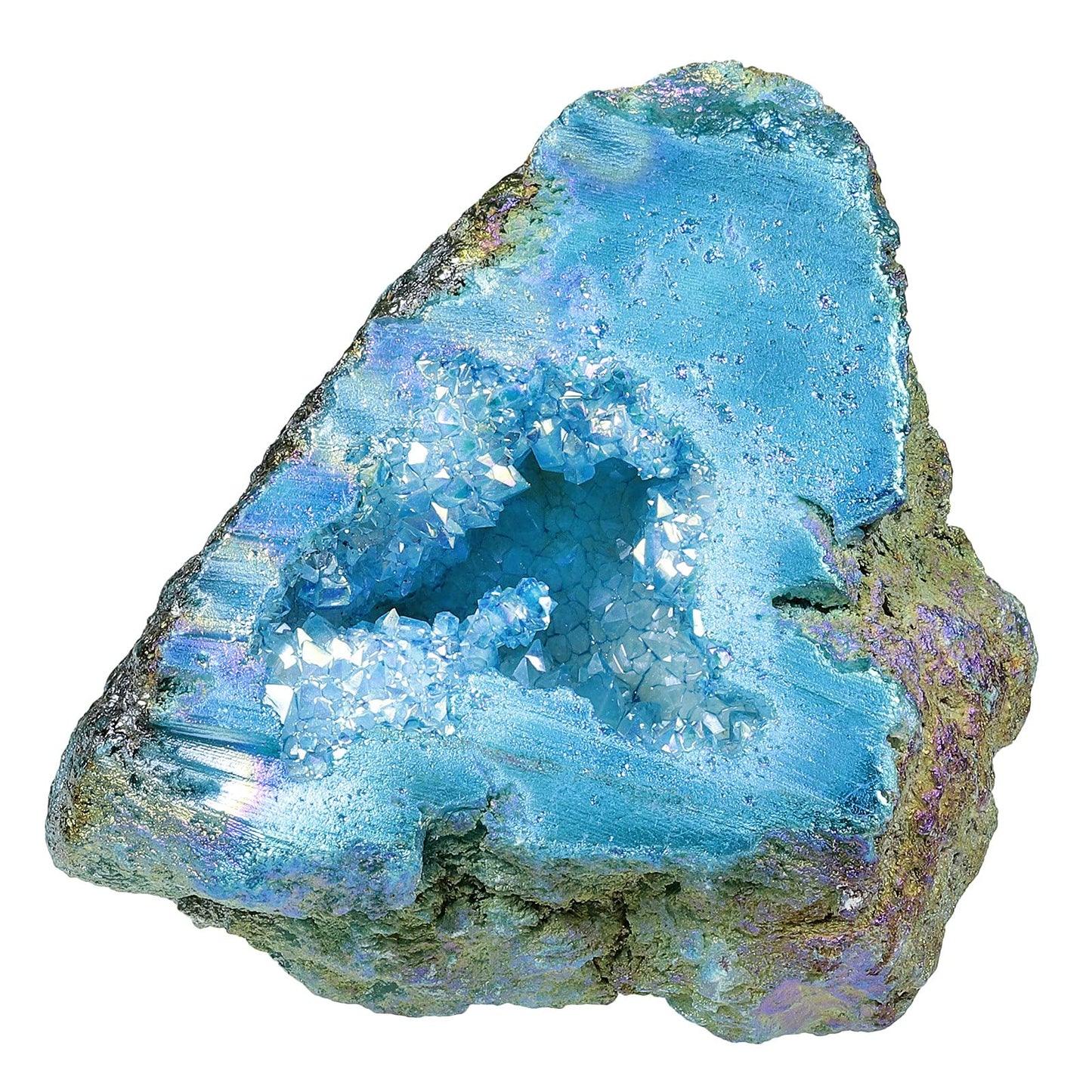 SUNYIK Natural Rainbow Titanium Coated Quartz Geode Quartz Crystal Cluster Specimen for Home Office Decoration Reiki Healing Meditation, 100-200g(0.2-0.4lb), Blue