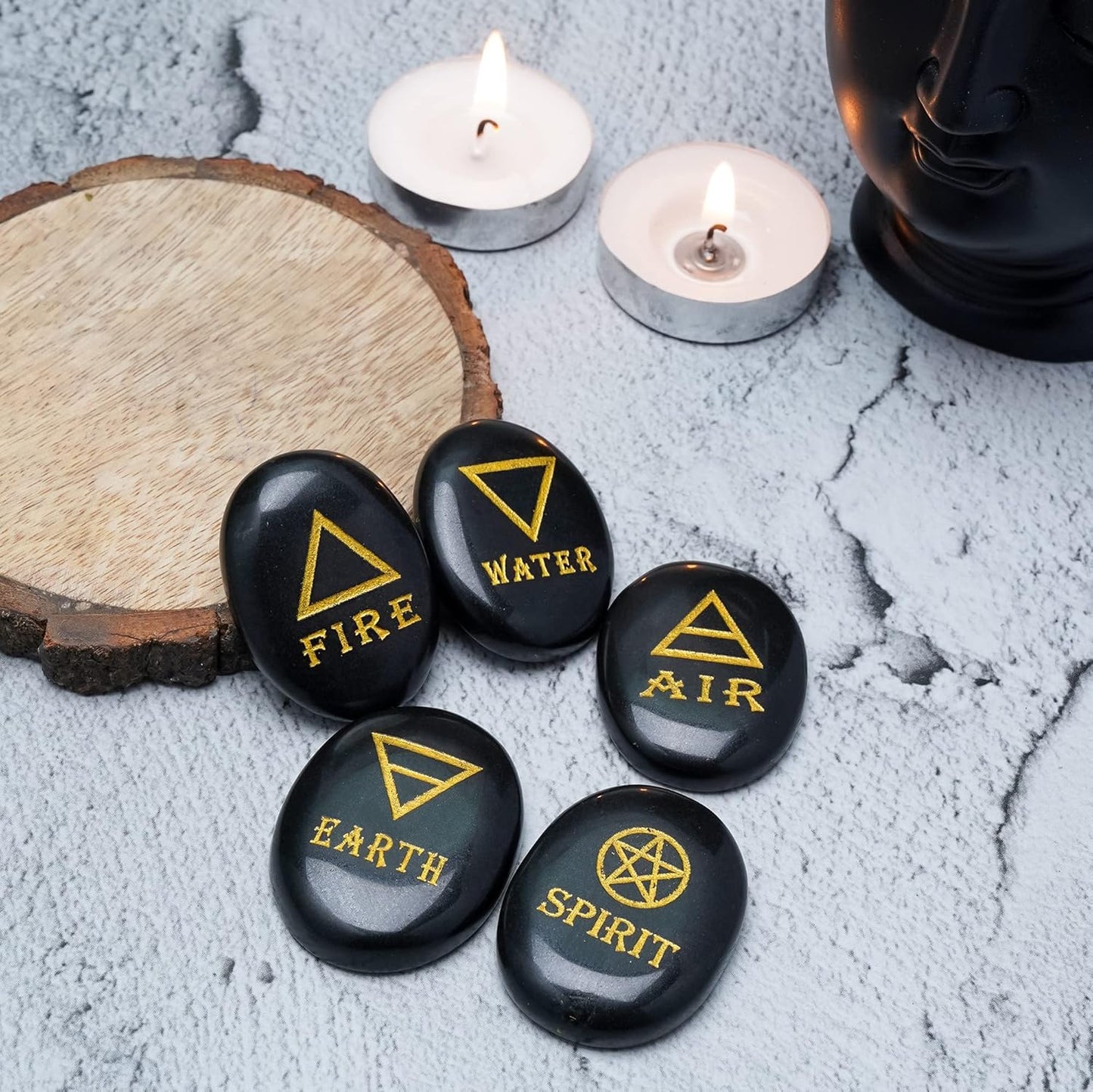 ZAICUS 5 Elements Black Tourmaline Engraved Stones Set, Polished Crystal Stones with Earth Air Fire Water Spirit Symbols for Reiki Healing, Chakra Balancing, Meditation, Spiritual Decor & Gift
