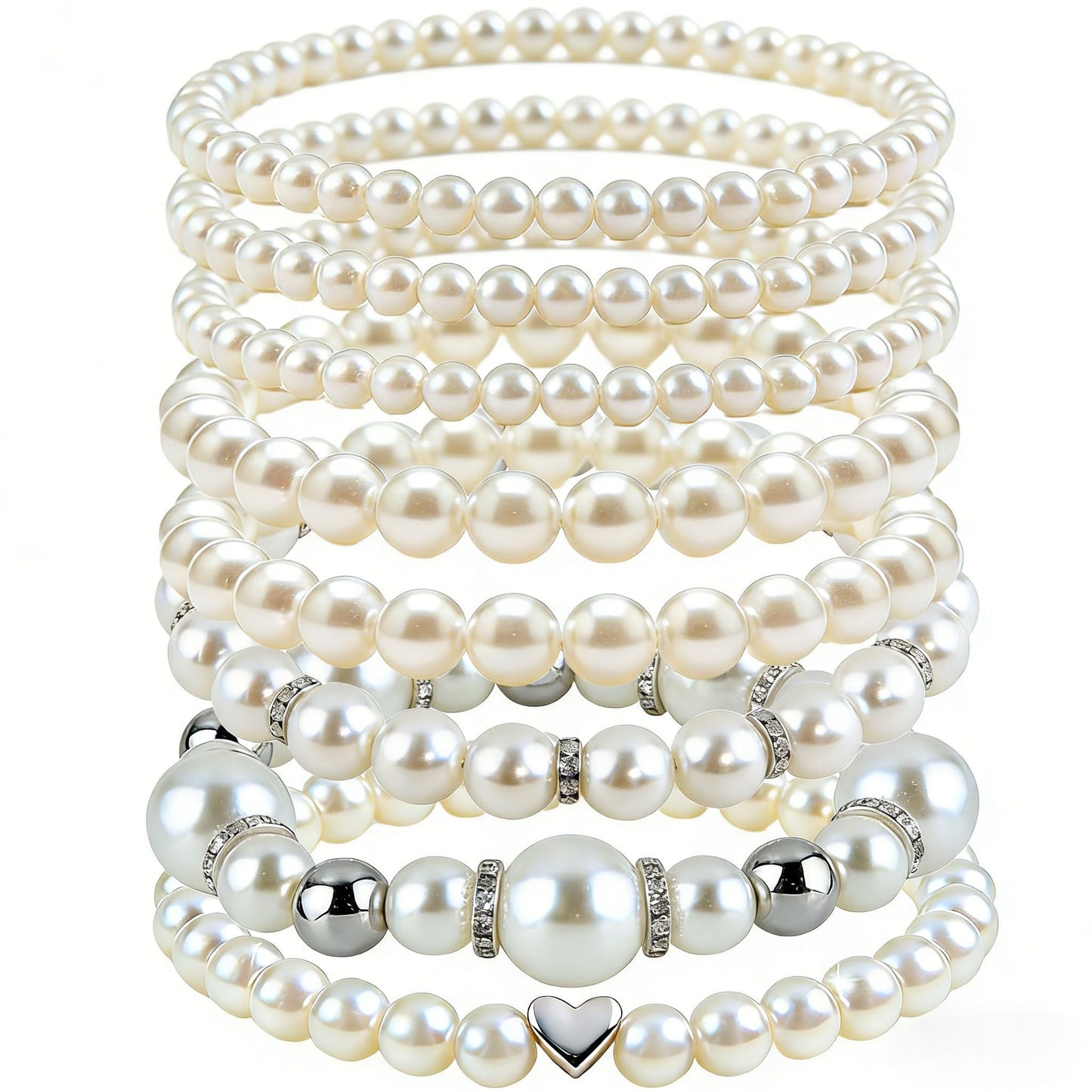 GIYAWA 8pcs Sliver Faux Pearl Bracelets for Women, Stackable Stretchy Bridal Jewelry Set, Elastic Layered Bracelets for Wedding Bridesmaid Party Prom Christmas