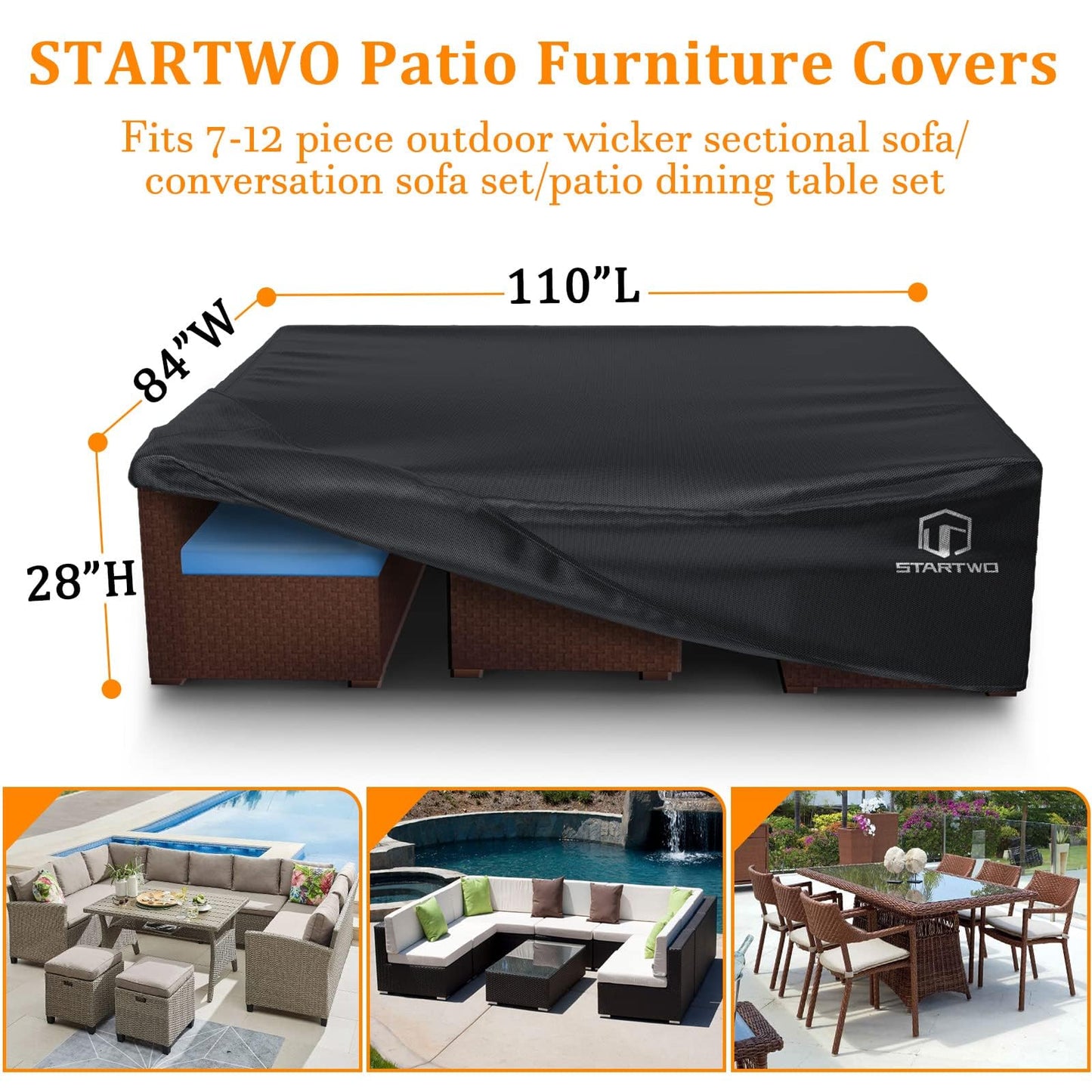 STARTWO Patio Furniture Covers Waterproof, Outdoor Furniture Set Cover for 7-12 Seats Sectional Sofa Table Chairs Anti-UV Tear-Resistant 500D Heavy Duty,110"x84"x28", Black