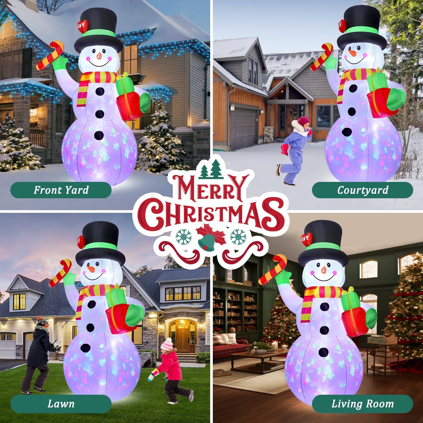 FunFanso 7 FT Christmas Inflatable Snowman Outdoor Decoration, Giant Blow up Snowman Holds Candy and Gift Boxes, Built-in Rotating Colourful Lights for Yard, Garden, Patio, Lawn Xmas Holiday Decor