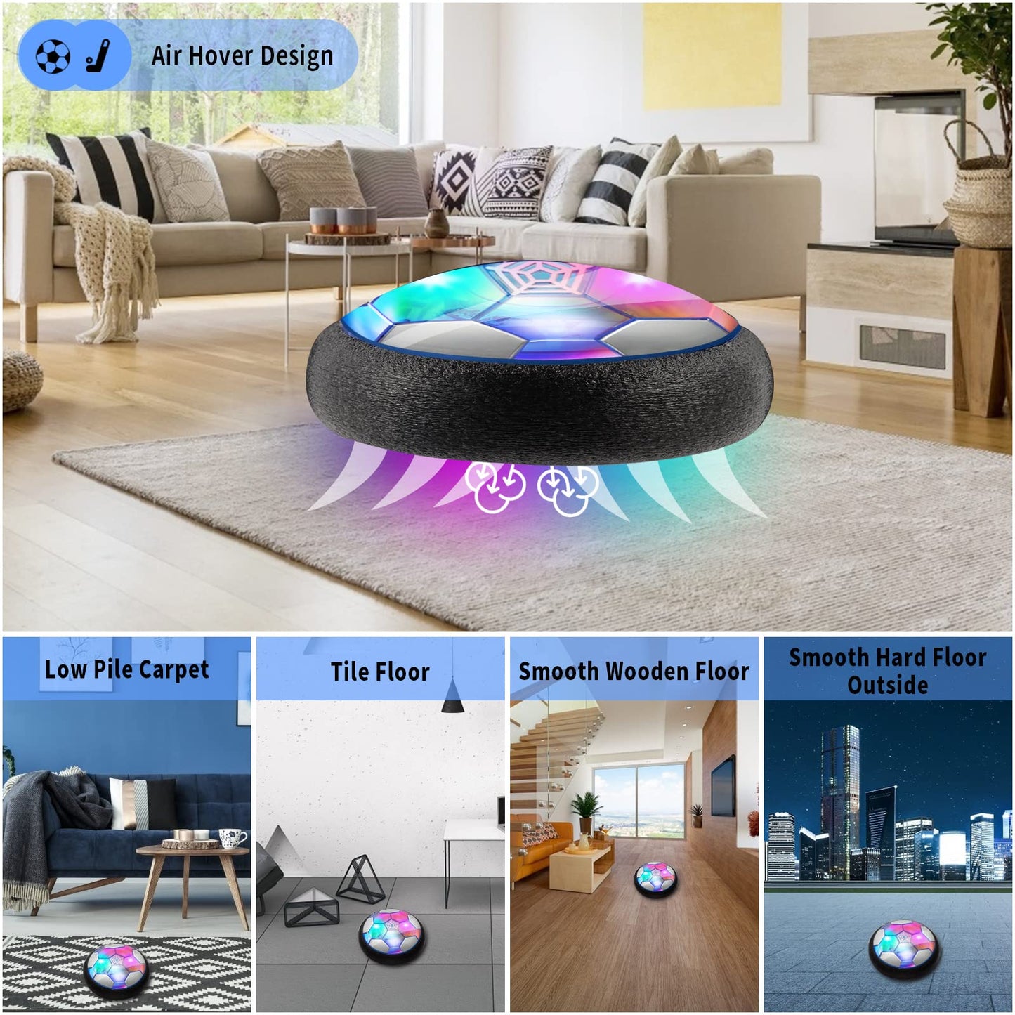 3-in-1 Hover Hockey Soccer Ball Set, Rechargeable Air Soccer and Floating Battery Hockey Kids Toys with LED Lights and Foam Bumper, 2 Goals for Boys and Girls Ages 4 5 6 7 8-12 for Indoor/Outdoor Game
