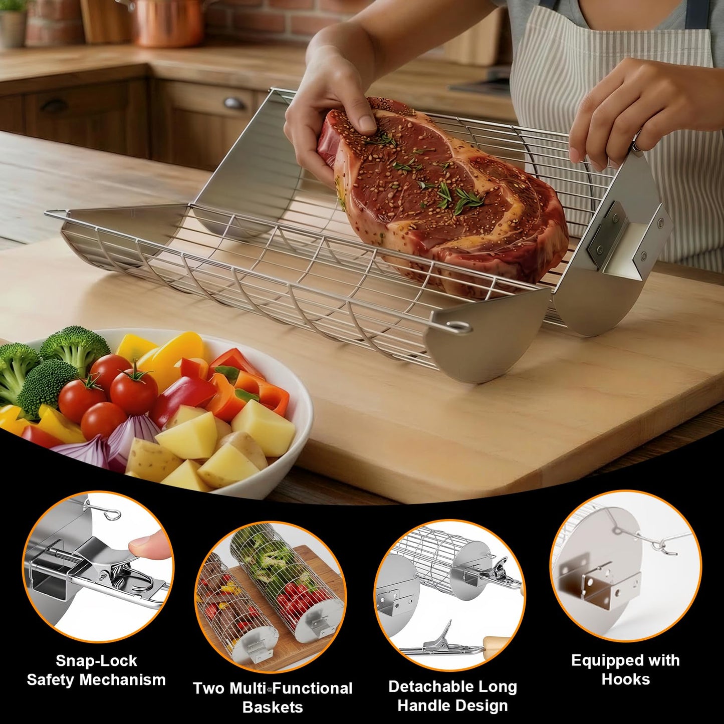 TNTOR Rolling Grill Basket, Larger 304 Stainless Steel Nesting Grilling Net, Removable Handle, BBQ Accessories Tools for Veg Shrimp, Outdoor Cooking Camping grilling gifts for men Dad Husband