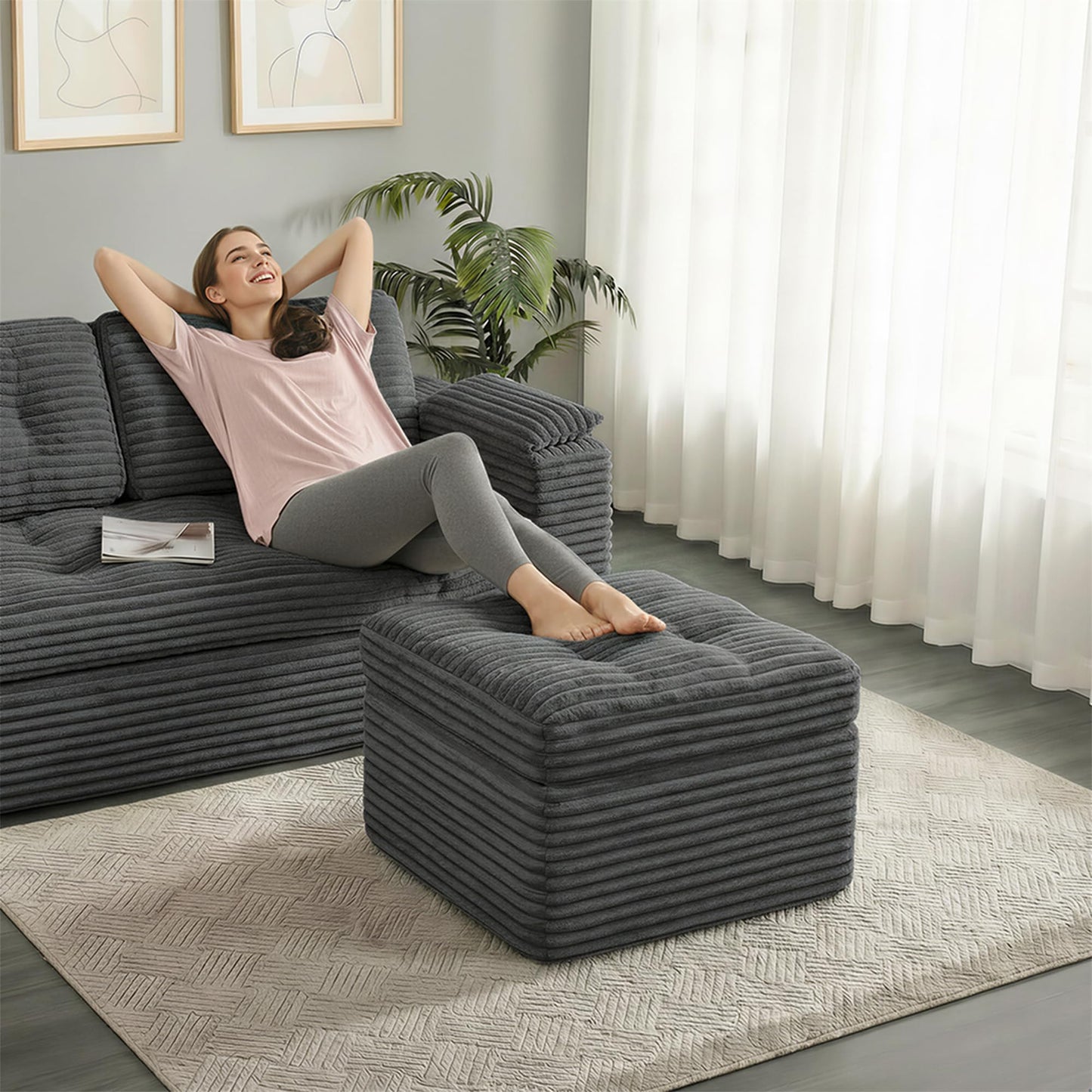 Fabulcozy 23.6in Pouf Ottoman, Corduroy Ottoman Foot Rest with Dual‑Layer Support, Large Poofy Pouf with Soft Chunk‑Foam Top & Firm Foam Base, Floor Foot Stool for Living Room, Dark Grey