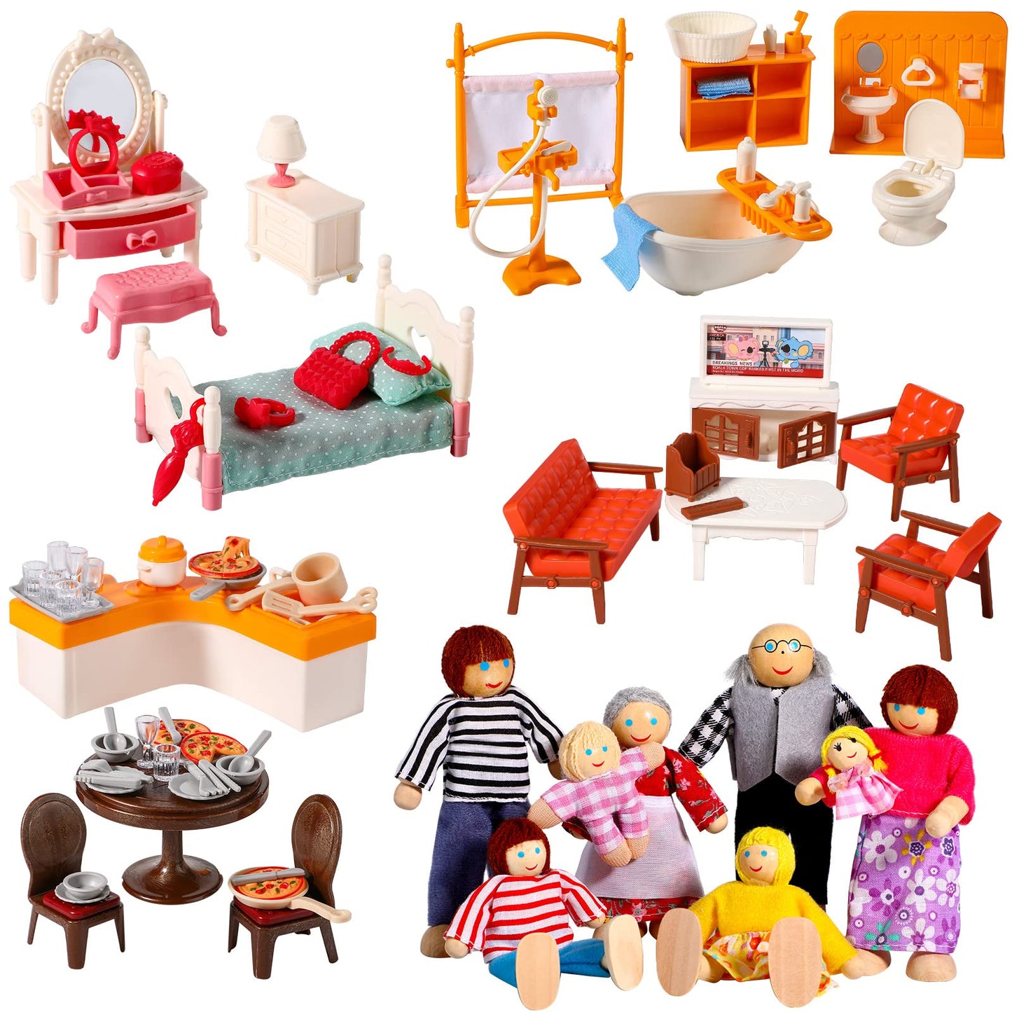 HyDren 83 Pcs Wooden Dollhouse Furniture Set with 8 Flexible Dolls for 5 Rooms Kits Kitchen, Dining, Living Room, Bedroom, Bathroom Dollhouse Accessories and Furniture Toys for Girl Boy Toddlers Gift