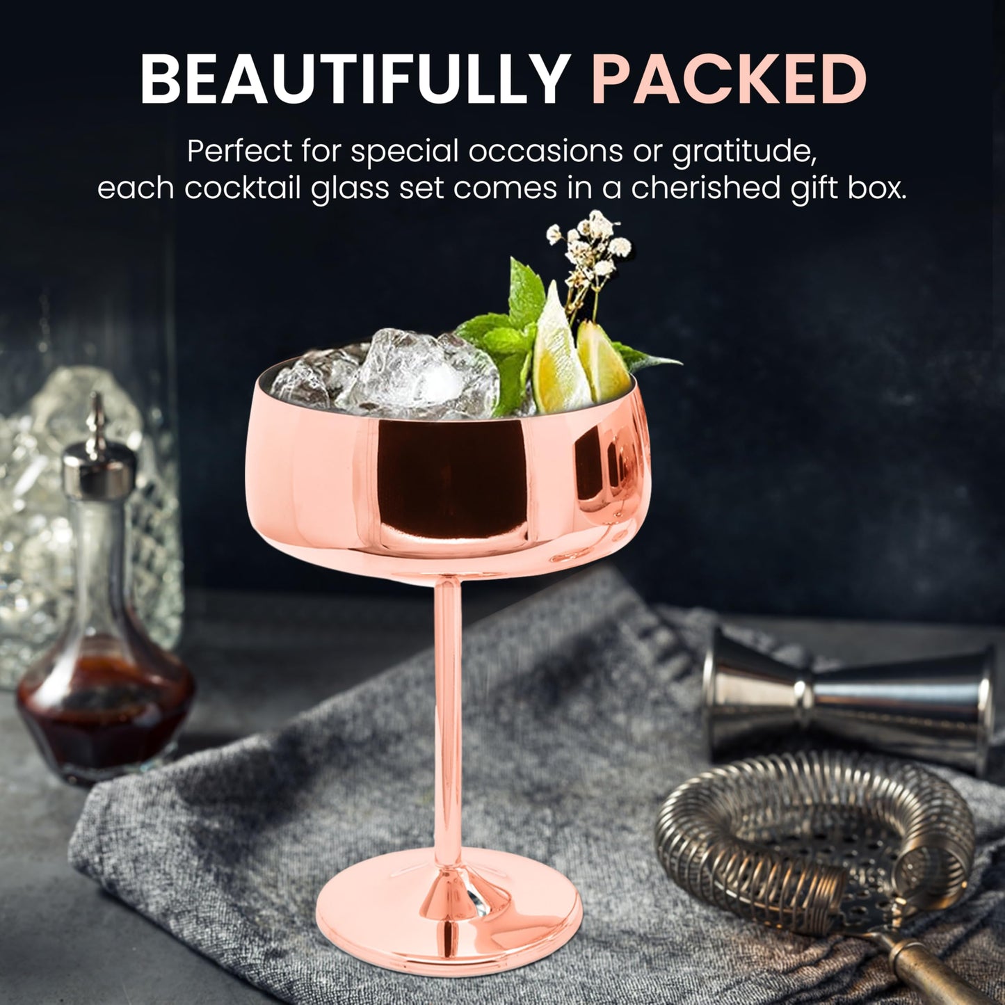 TMNOVO Cocktail Coupe Glasses, Espresso Martini Glasses Set of 4, Stainless Steel Champagne Cocktail Glasses & Mug Cups, 15 oz Mirrored Copper Martini Glass Gift Set