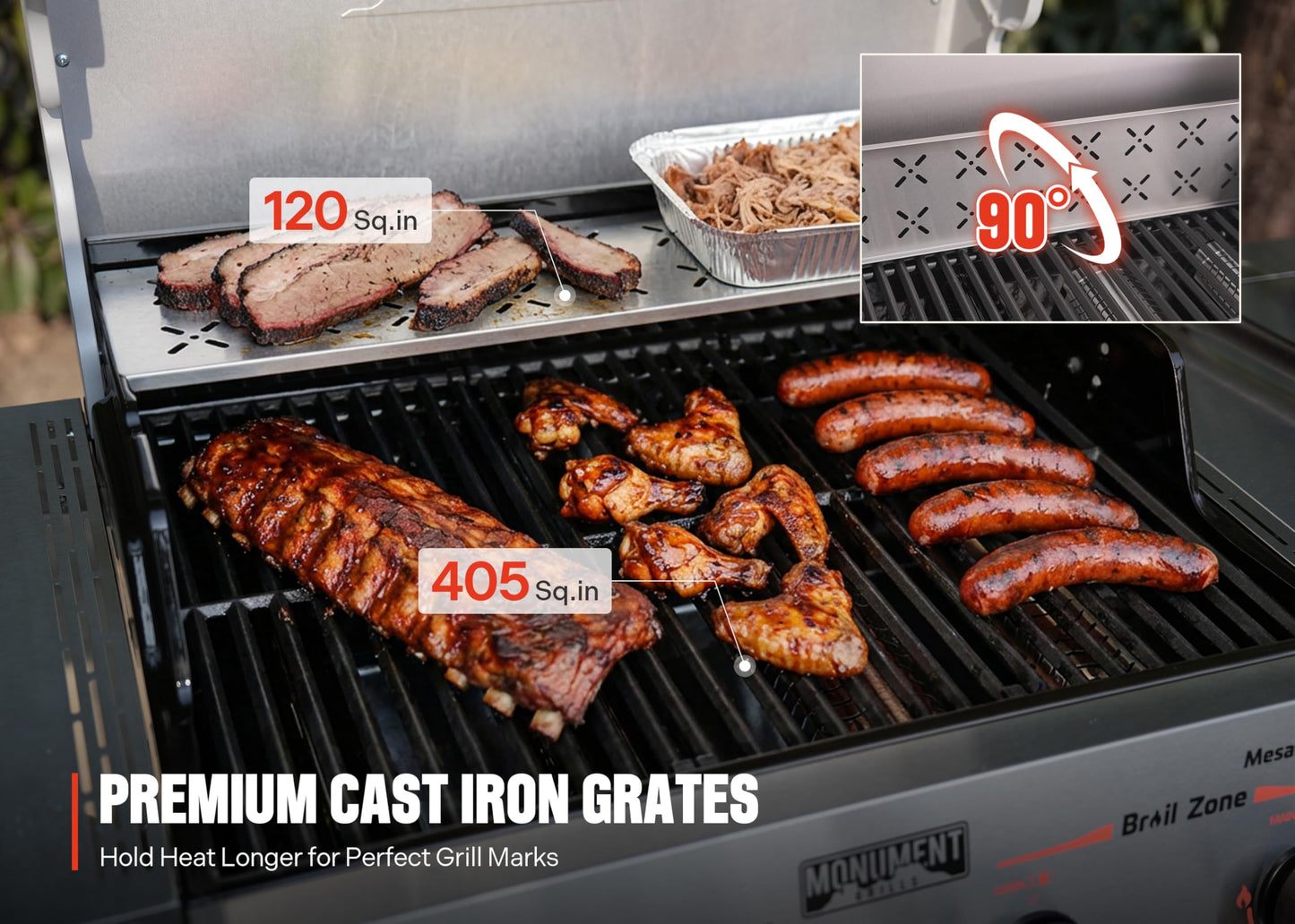 Monument Grills 4+1 Burner Stainless Steel 525 sq.in Propane Gas Grill, 49,000 BTU, Assembles in 30 Mins, Outdoor Mesa 2 Patio Grill with Broil Zone, Side Burner, Foldable Side Shelf, Mesa II 415BZ